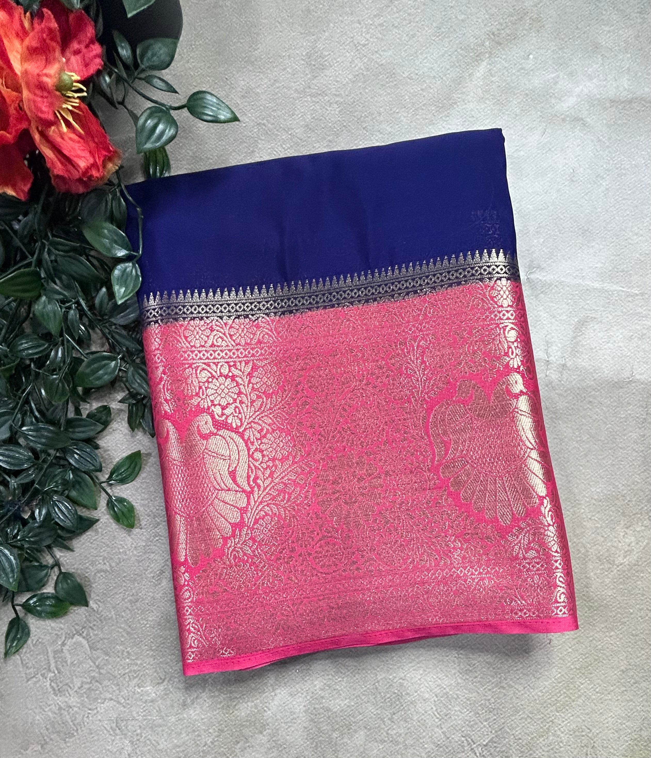 Navy blue contrast long border soft semi Mysore crepe 106 saree