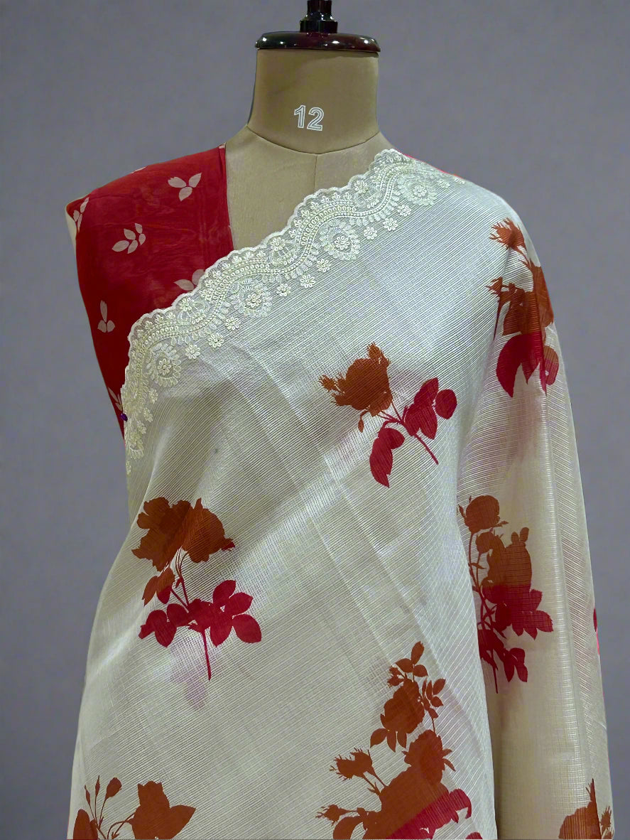 Cream floral digital print Kota checks 08 saree