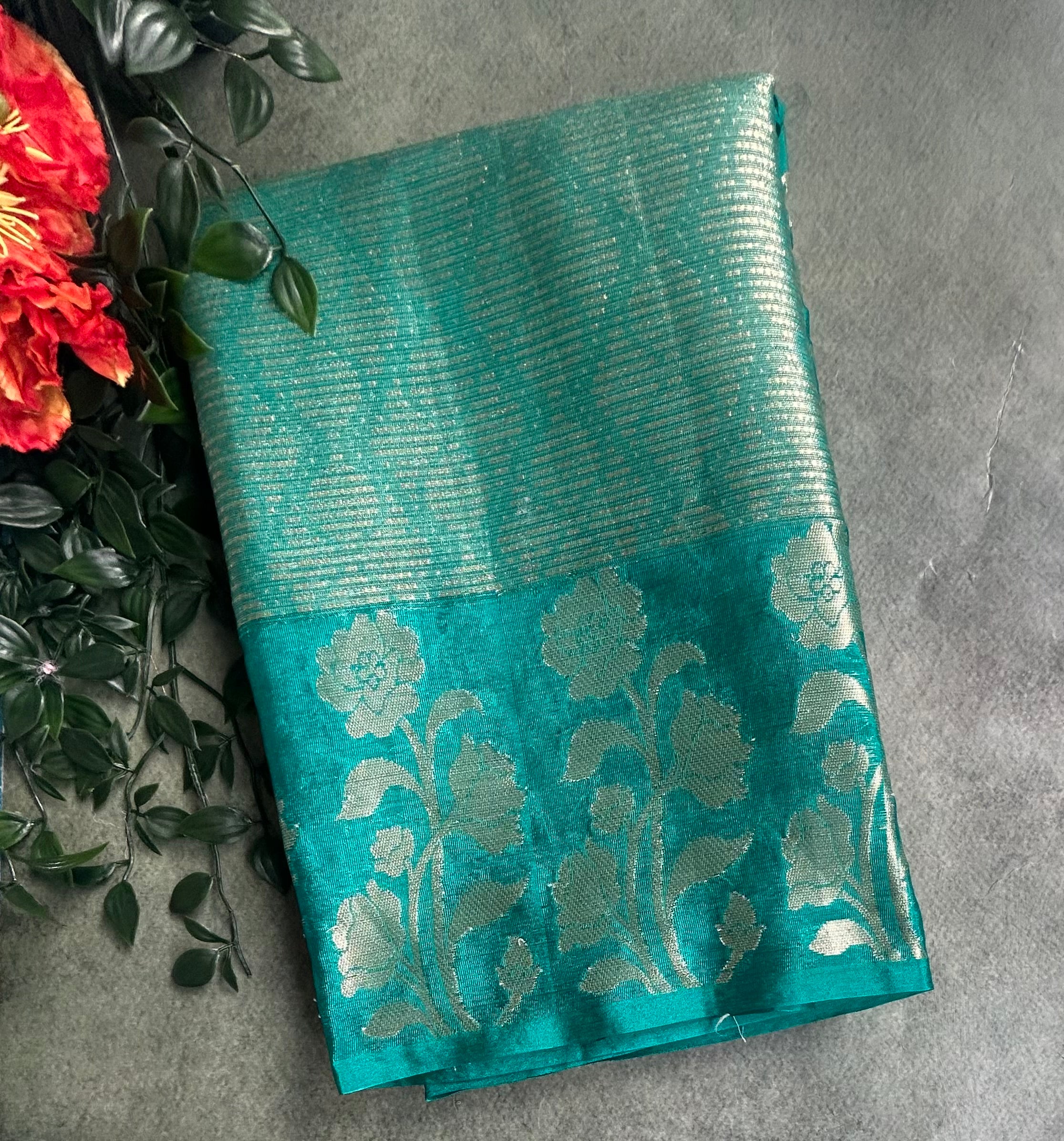 Rama green long border semi tissue saree