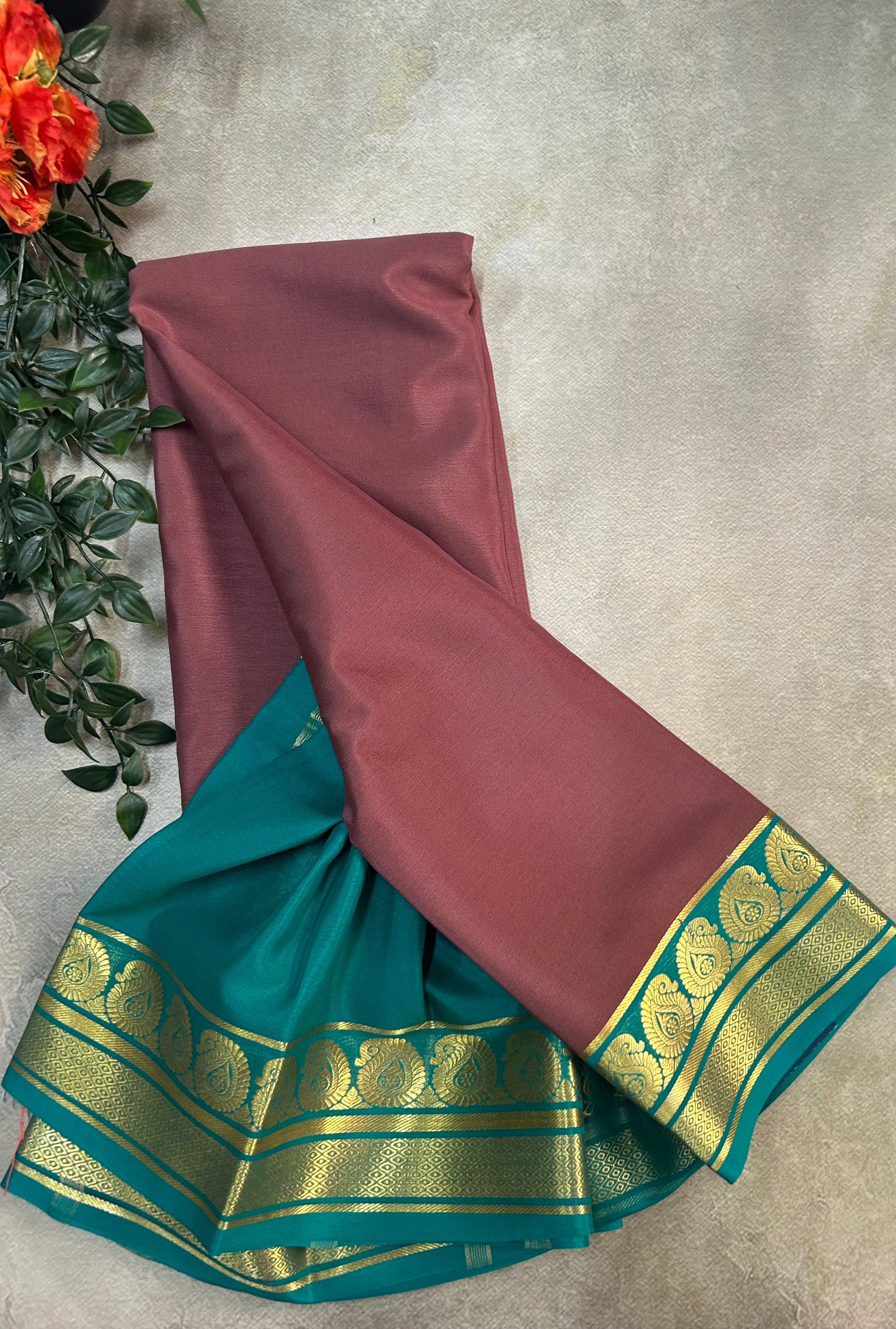 Light brown n Rama green pure Mysore silk saree