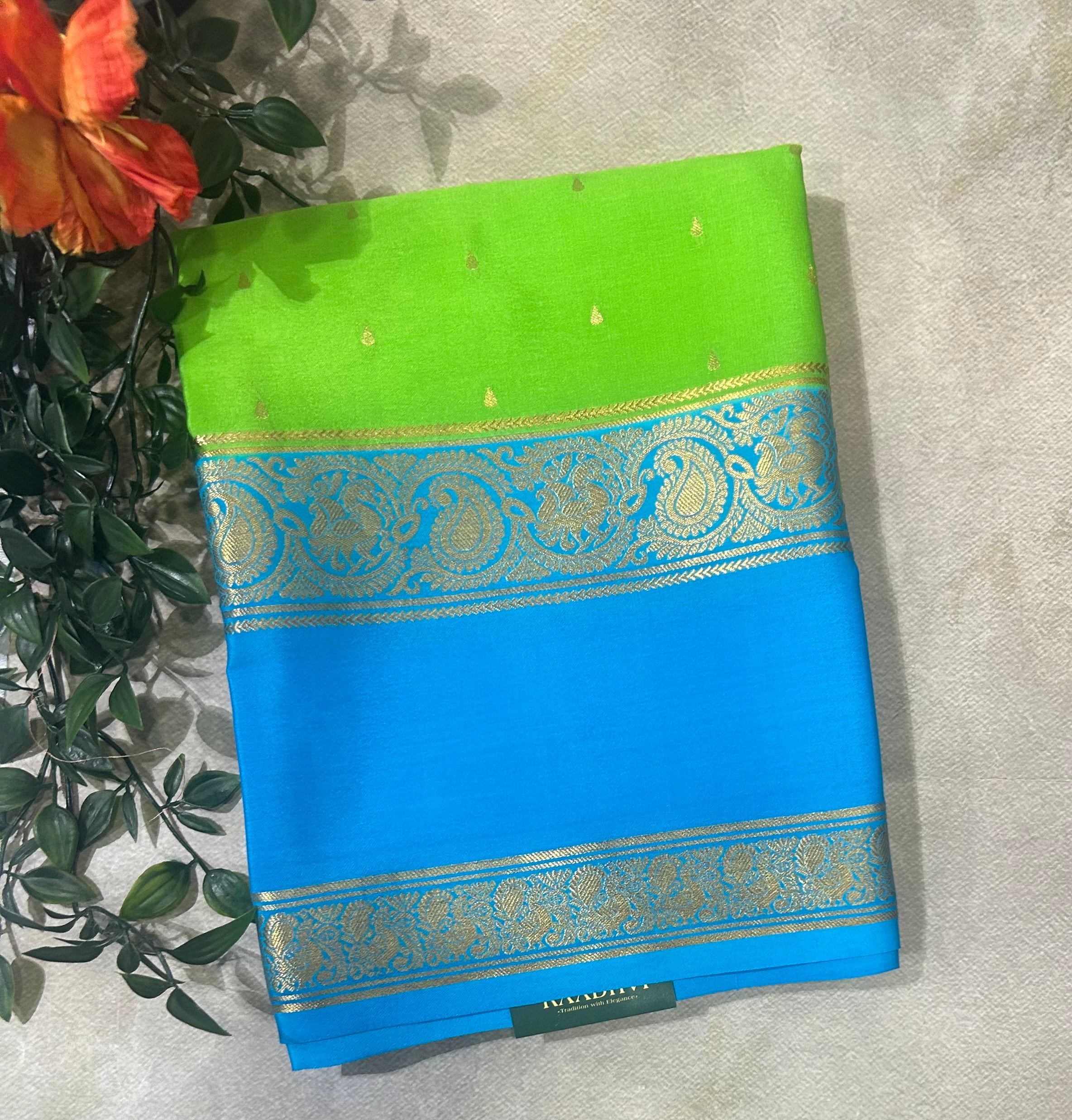 Parrot green bentex border pure Mysore silk 105 saree