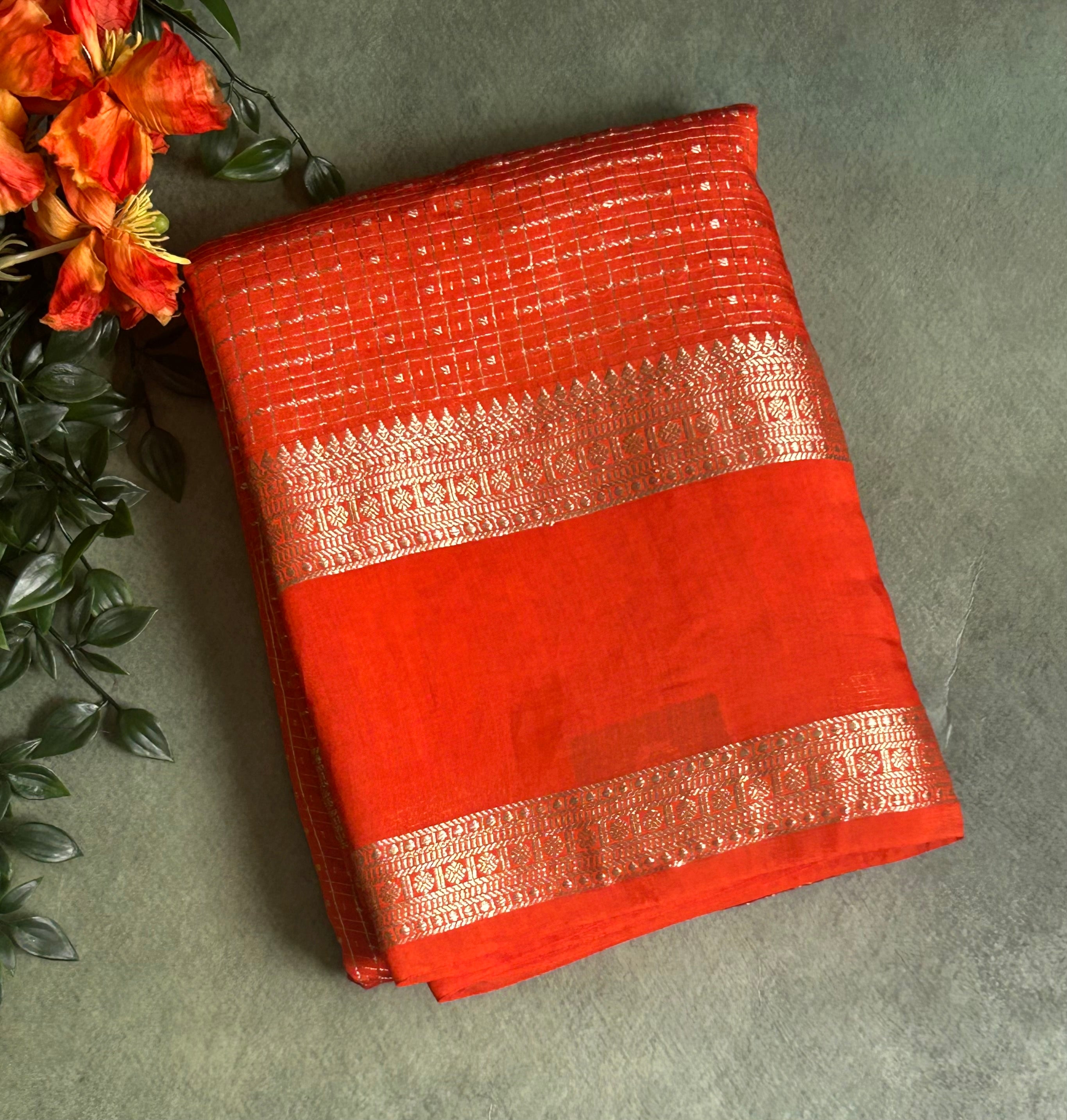 Orange small checks soft Tussar 03 crepe saree
