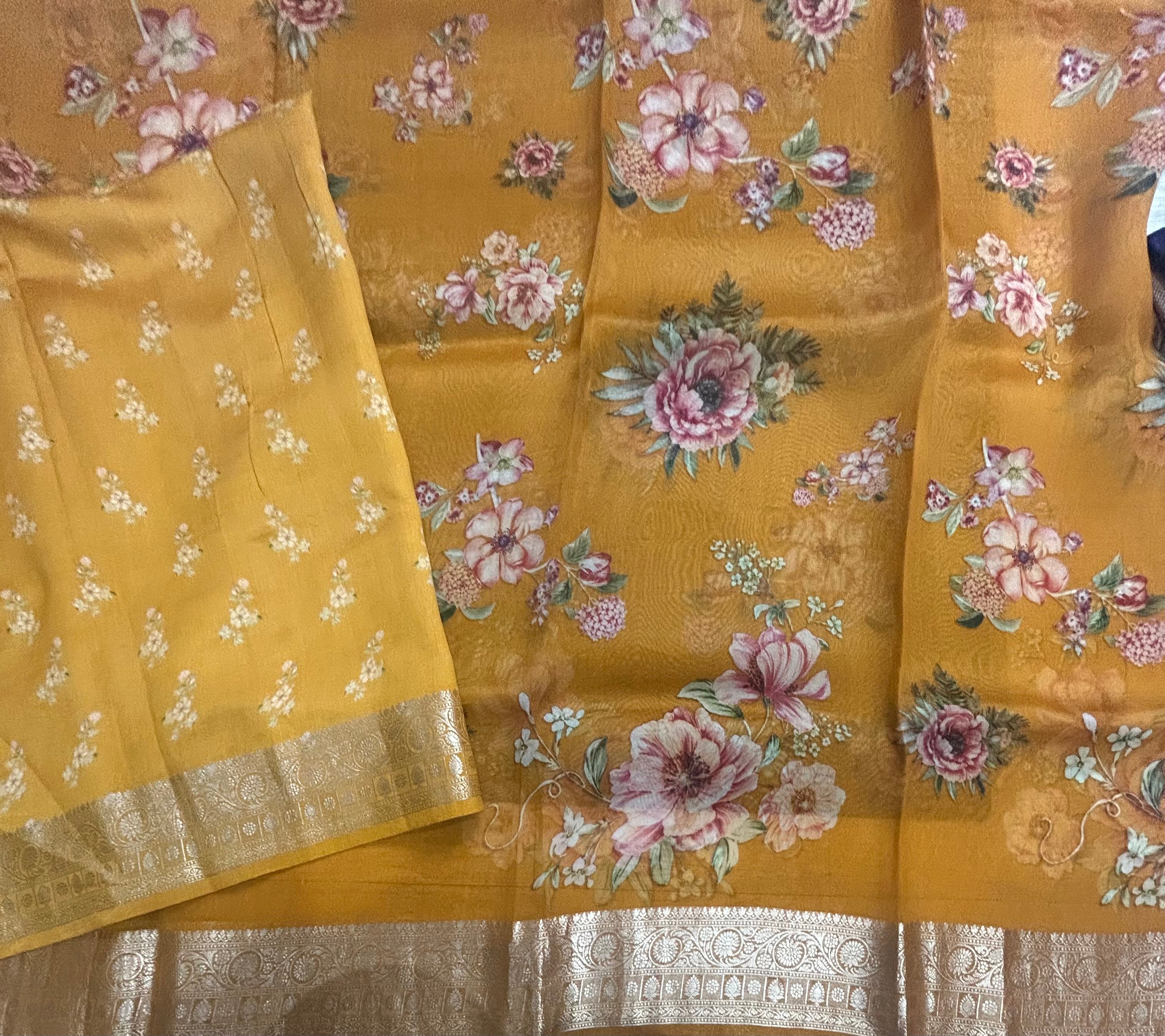 Mustard yellow printed pure kora organza 105 saree