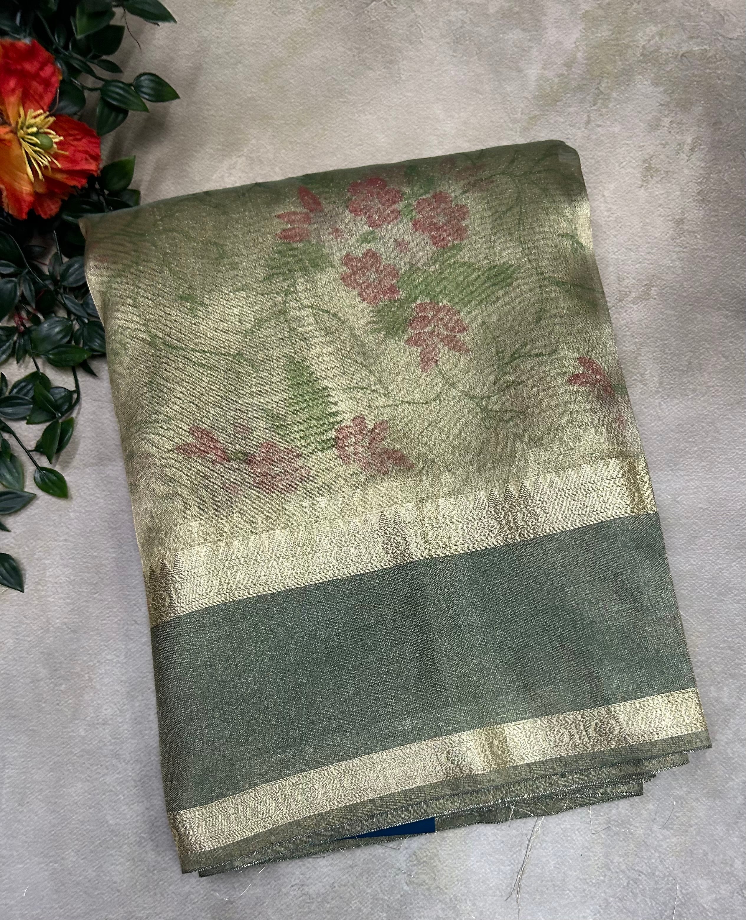 Pastel green bentex border semi Tissue saree