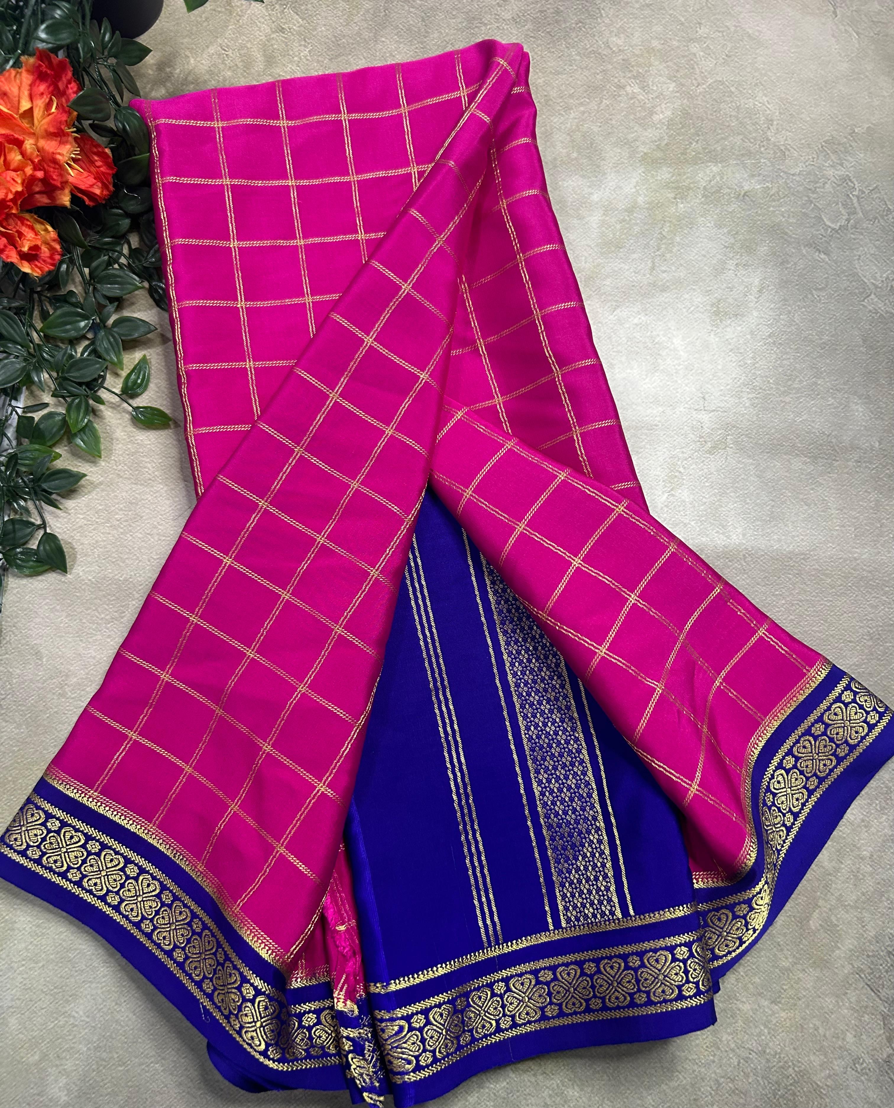 Rani pink checks pure css zari Mysore silk 105 saree