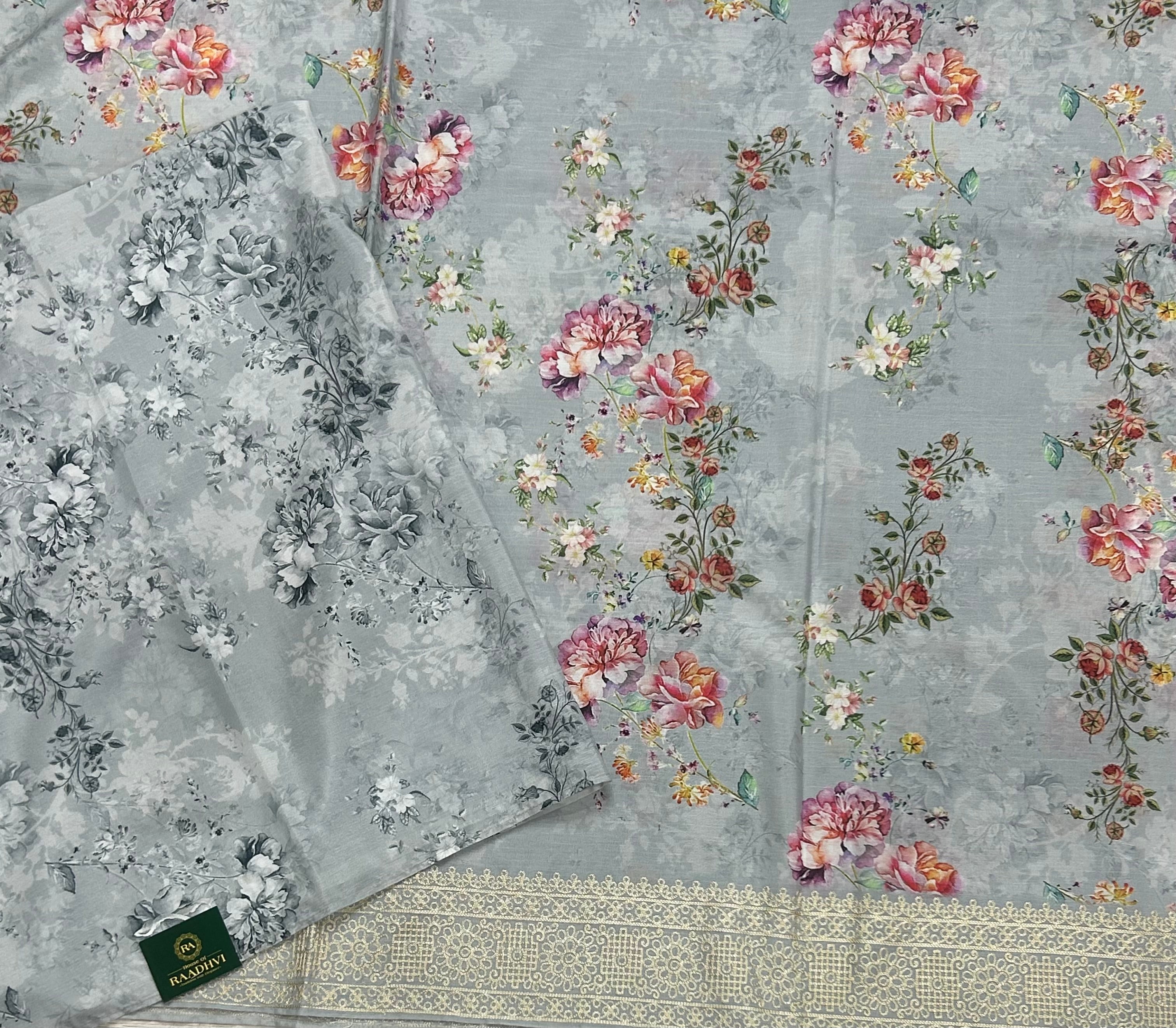 Light grey digital printed border 104 chinnon saree