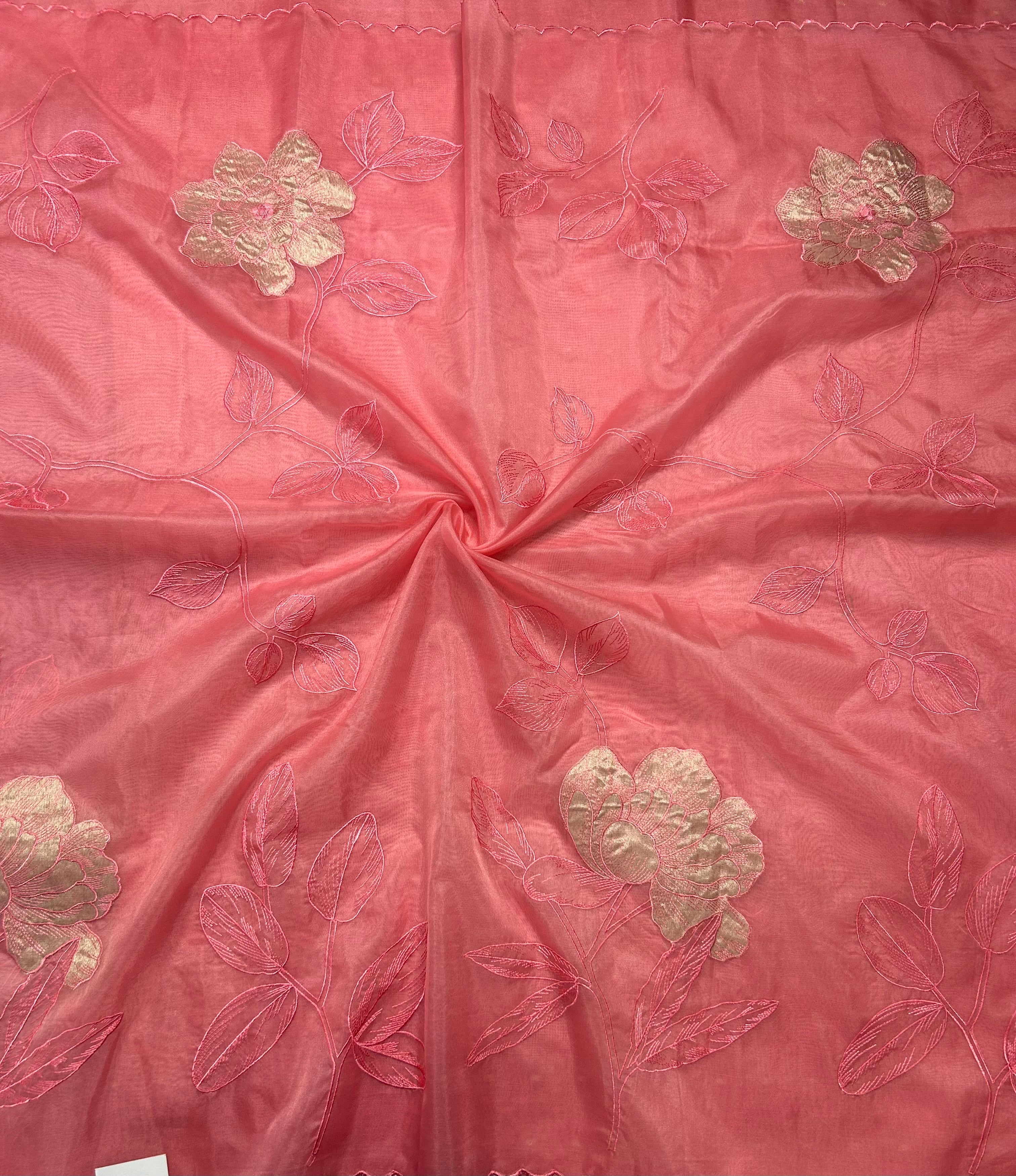 Pastel pink vicose organza appliqué scallop border 105 saree