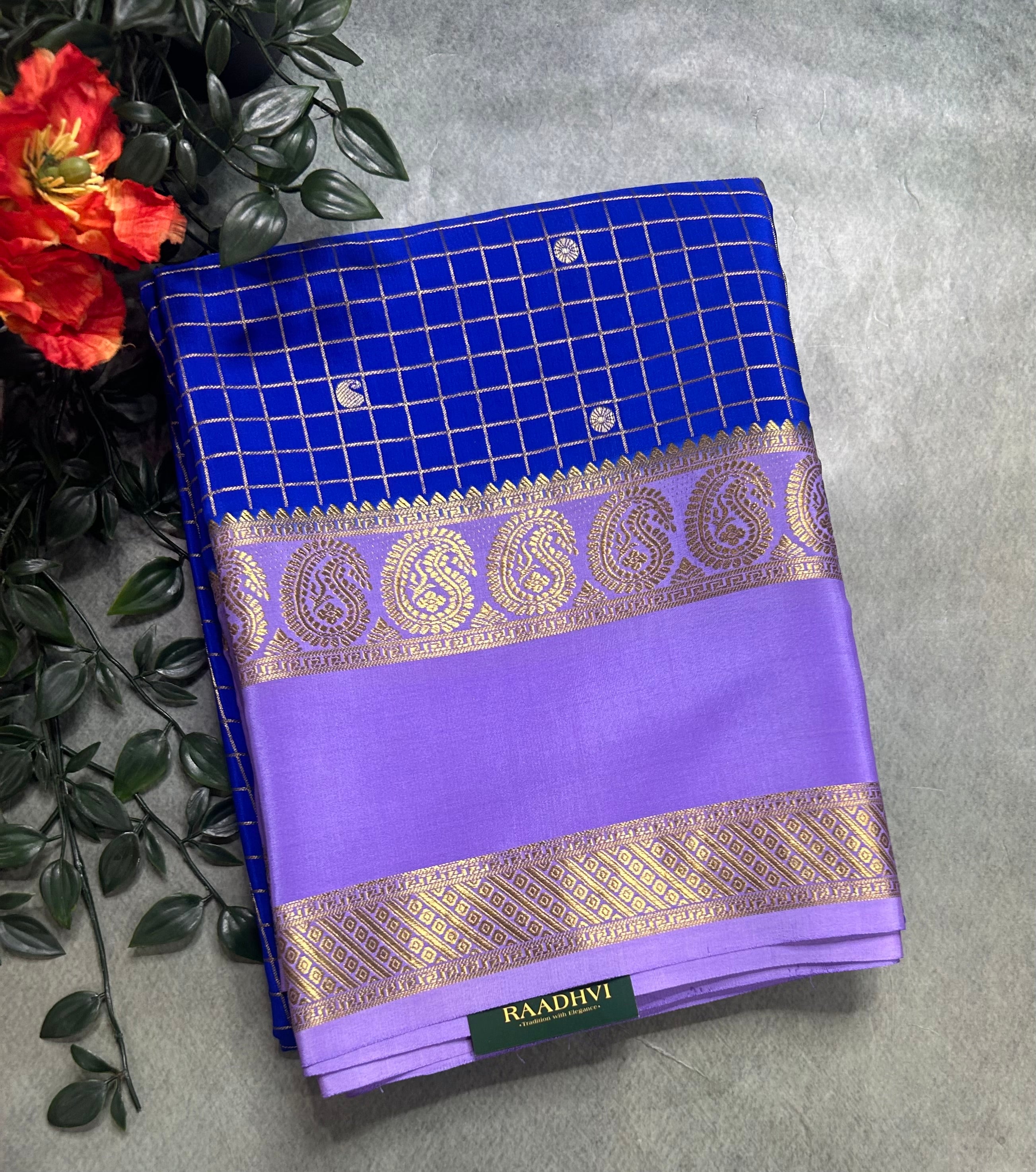 Royal blue small checks pure Mysore silk 105 saree