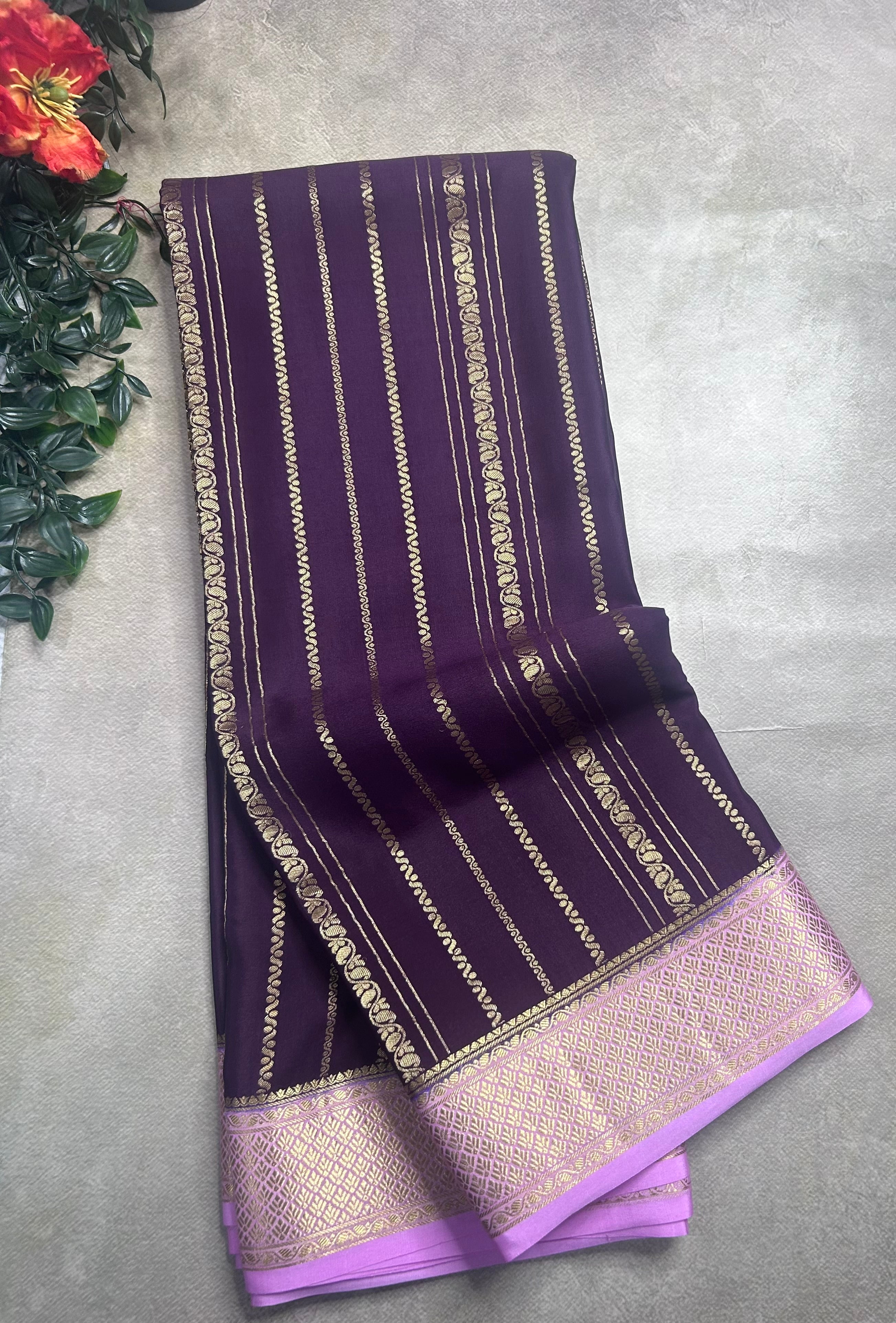Wine stripes pure mysore crepe silk saree (SMS106)