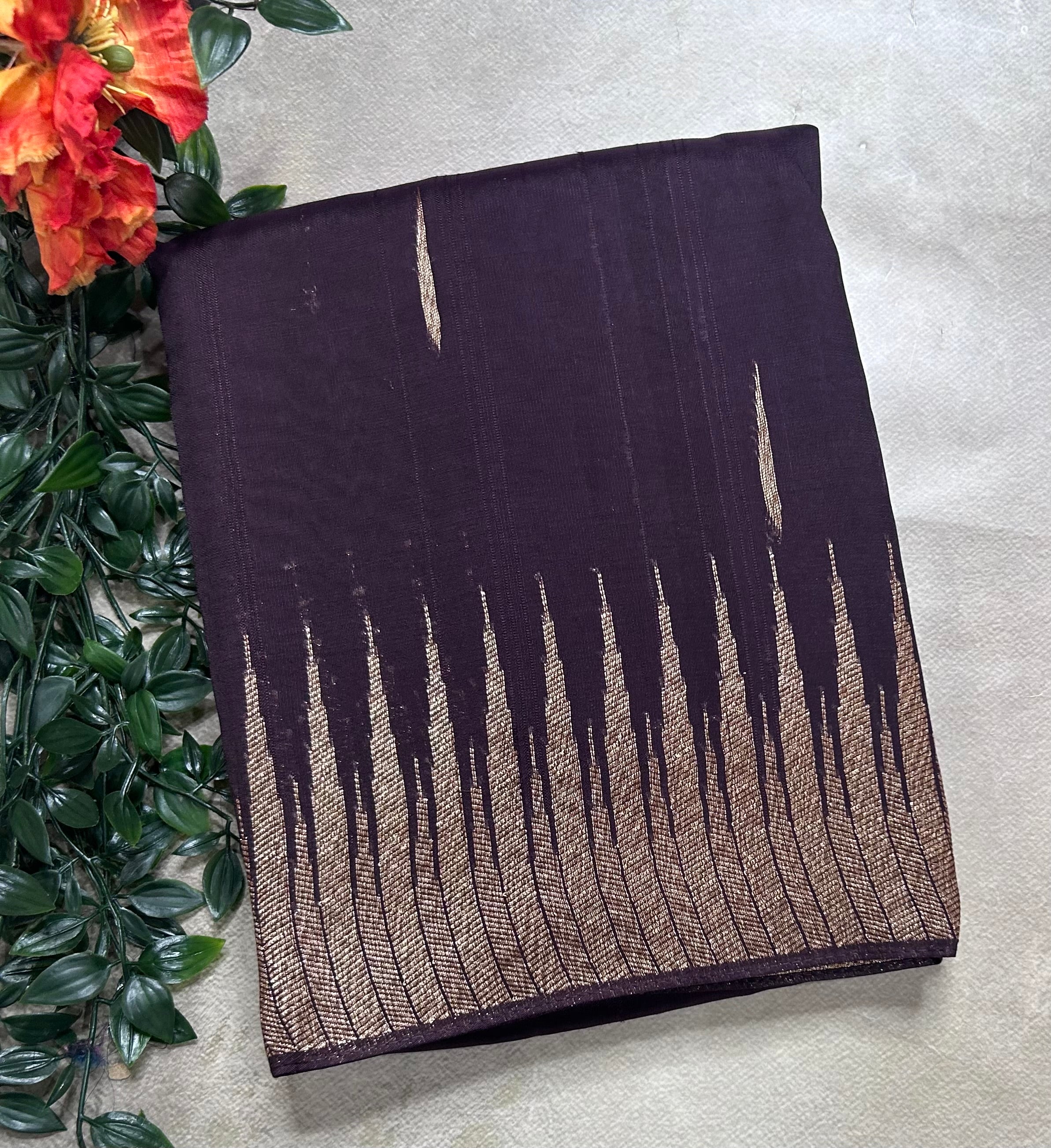 Dark wine temple border tussar crepe 106 silk saree