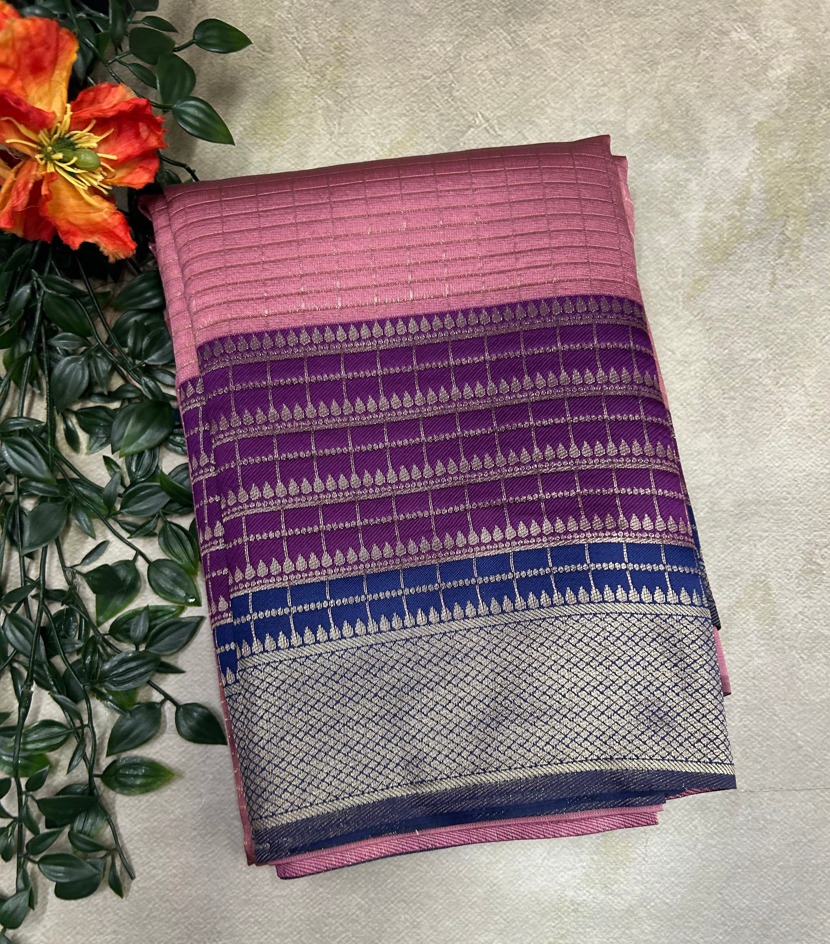 Light pink small checks semi Silk Saree