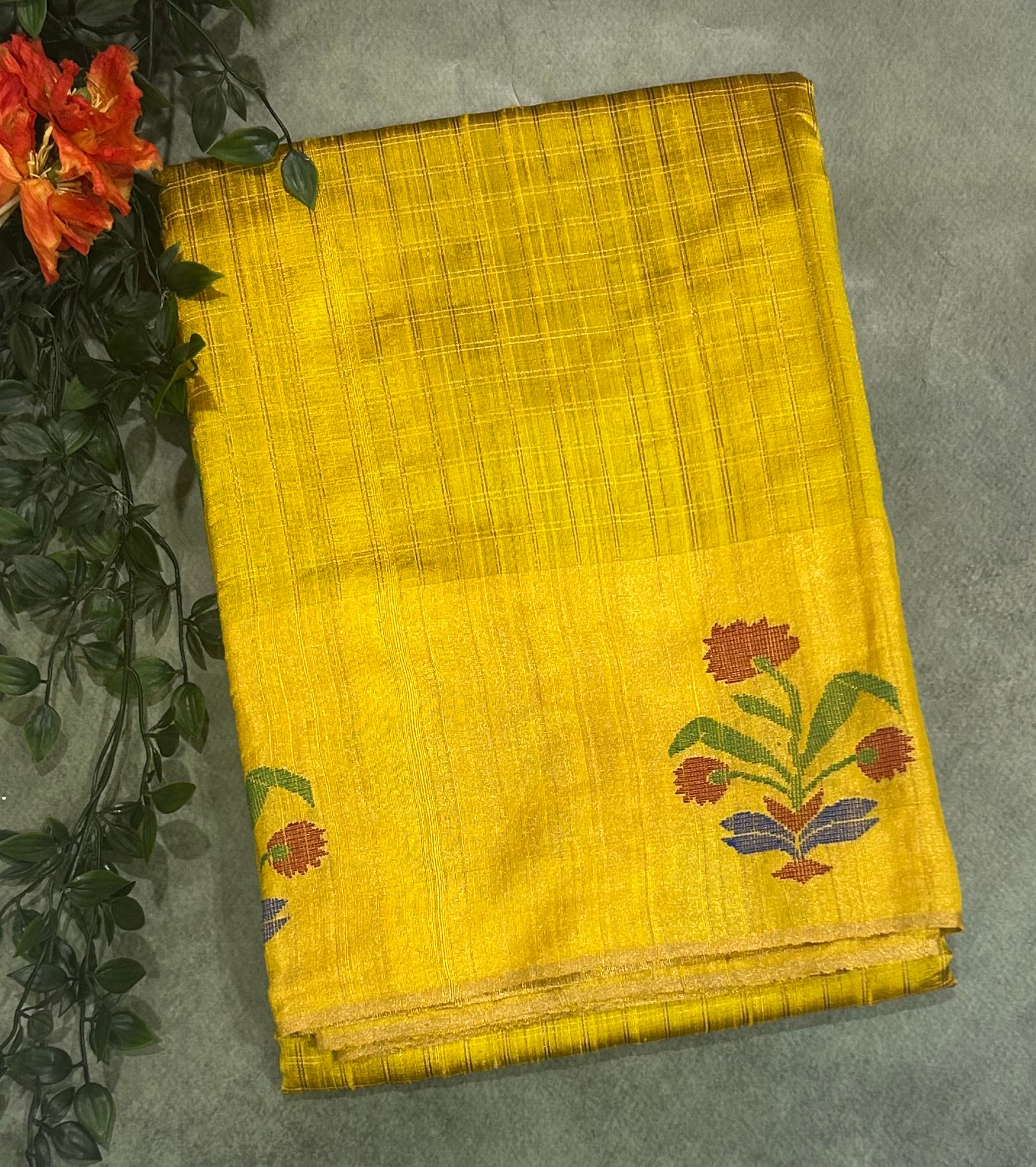 Yellow checks border Butta pure matka silk saree