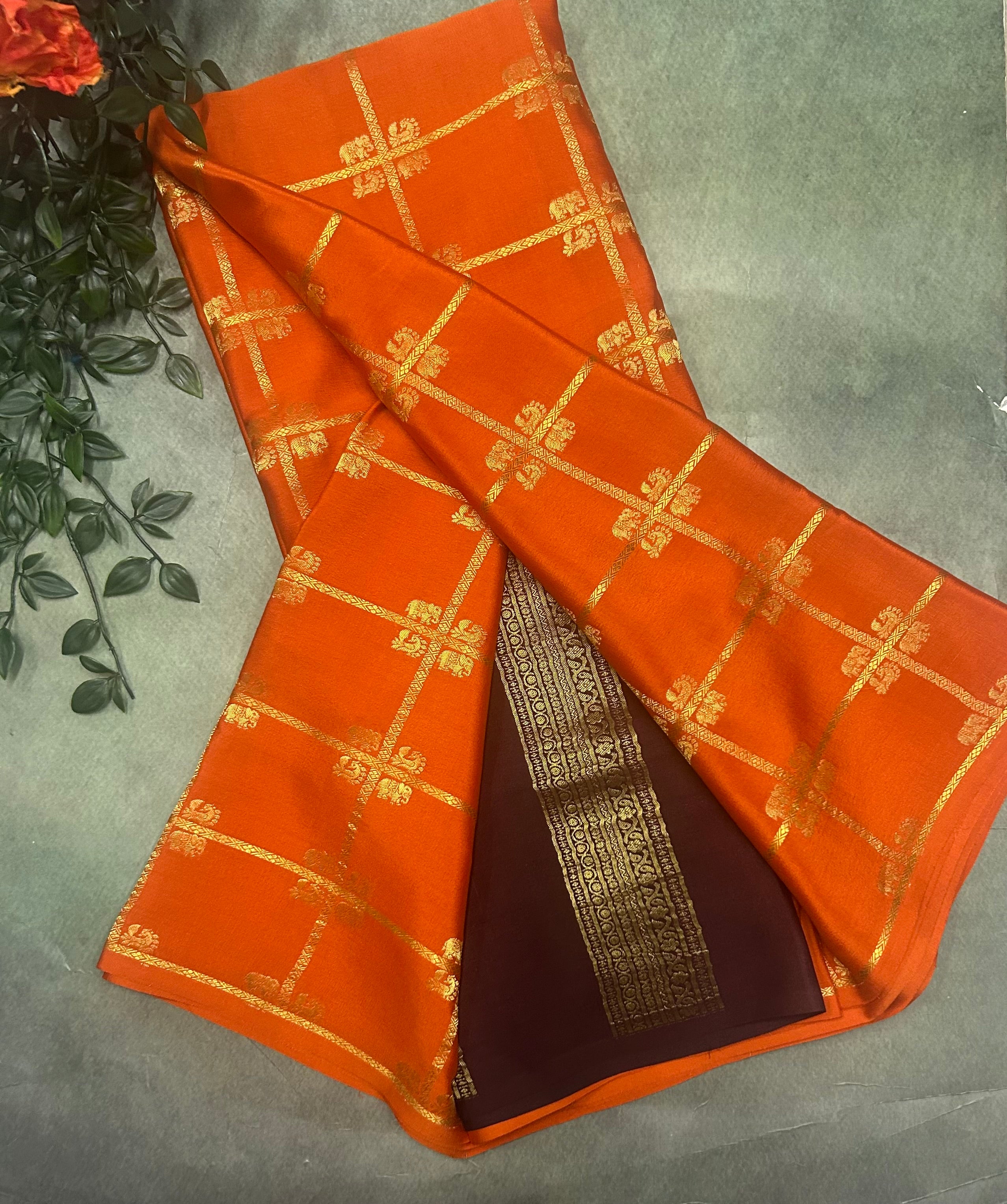 Orange contrast ST checks borderless pure mysore silk-105 saree