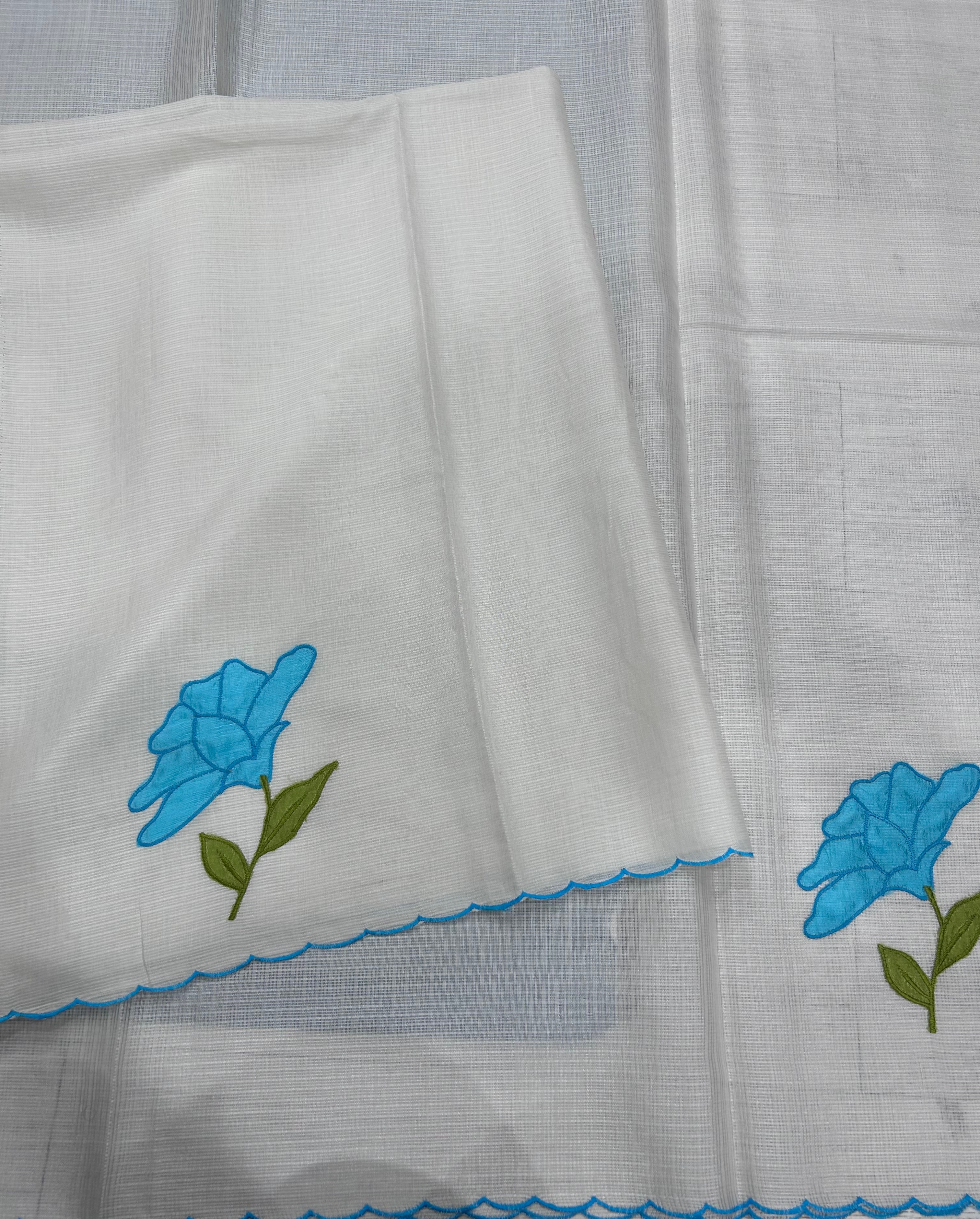 Cream scallop border sky blue embroidery work Kota check 106 Saree