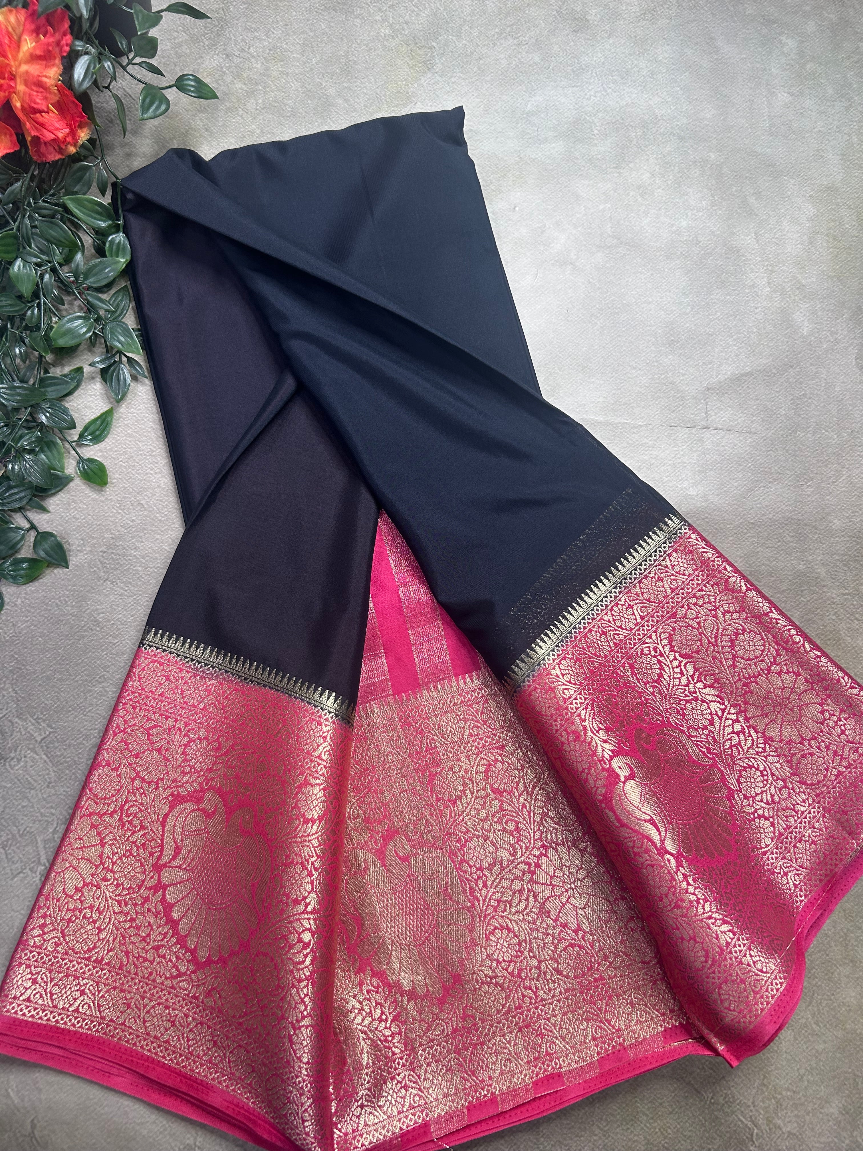 Black contrast long border soft semi Mysore crepe 106 saree