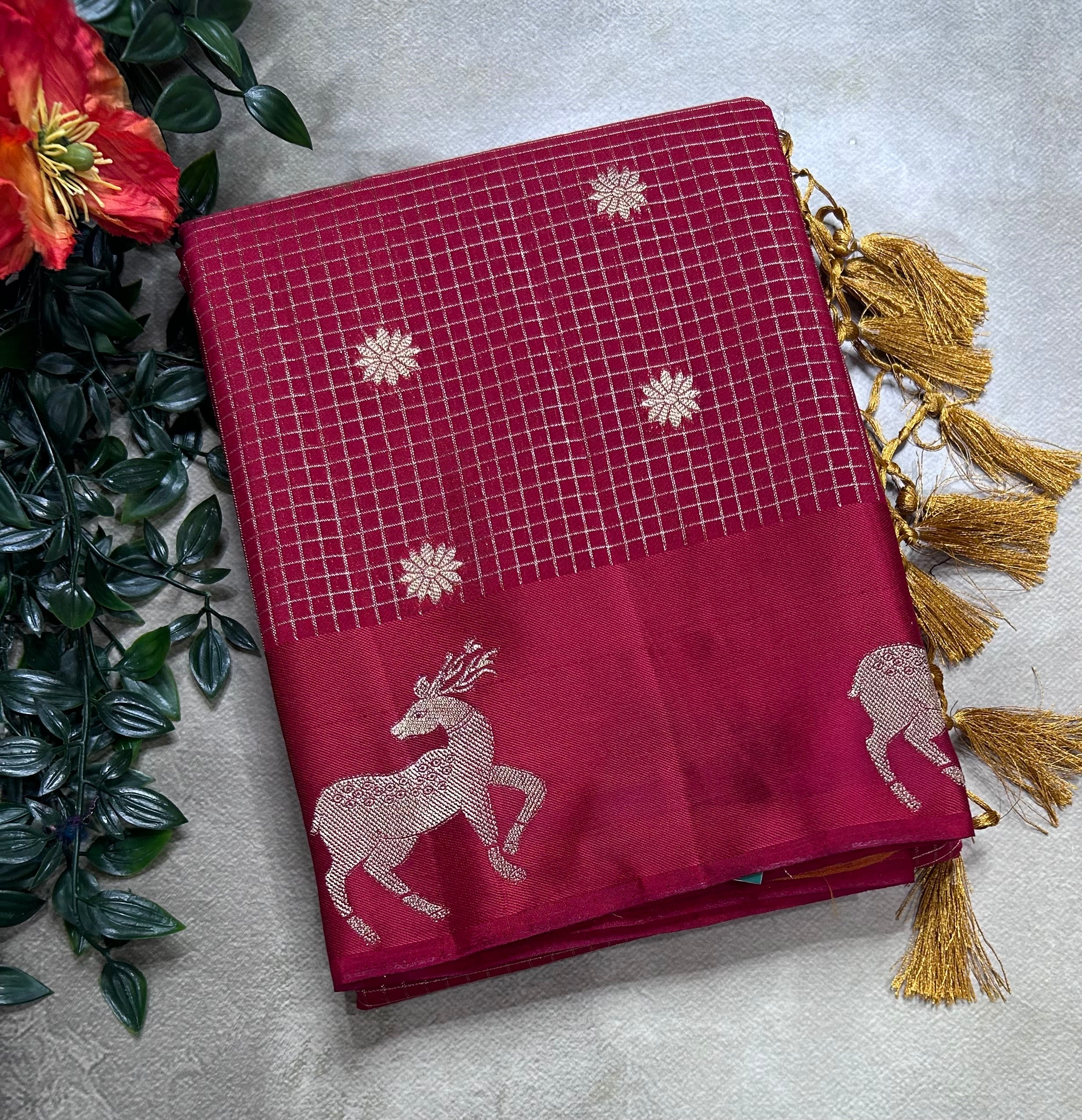 Red small checks semi Mysore crepe 106 saree