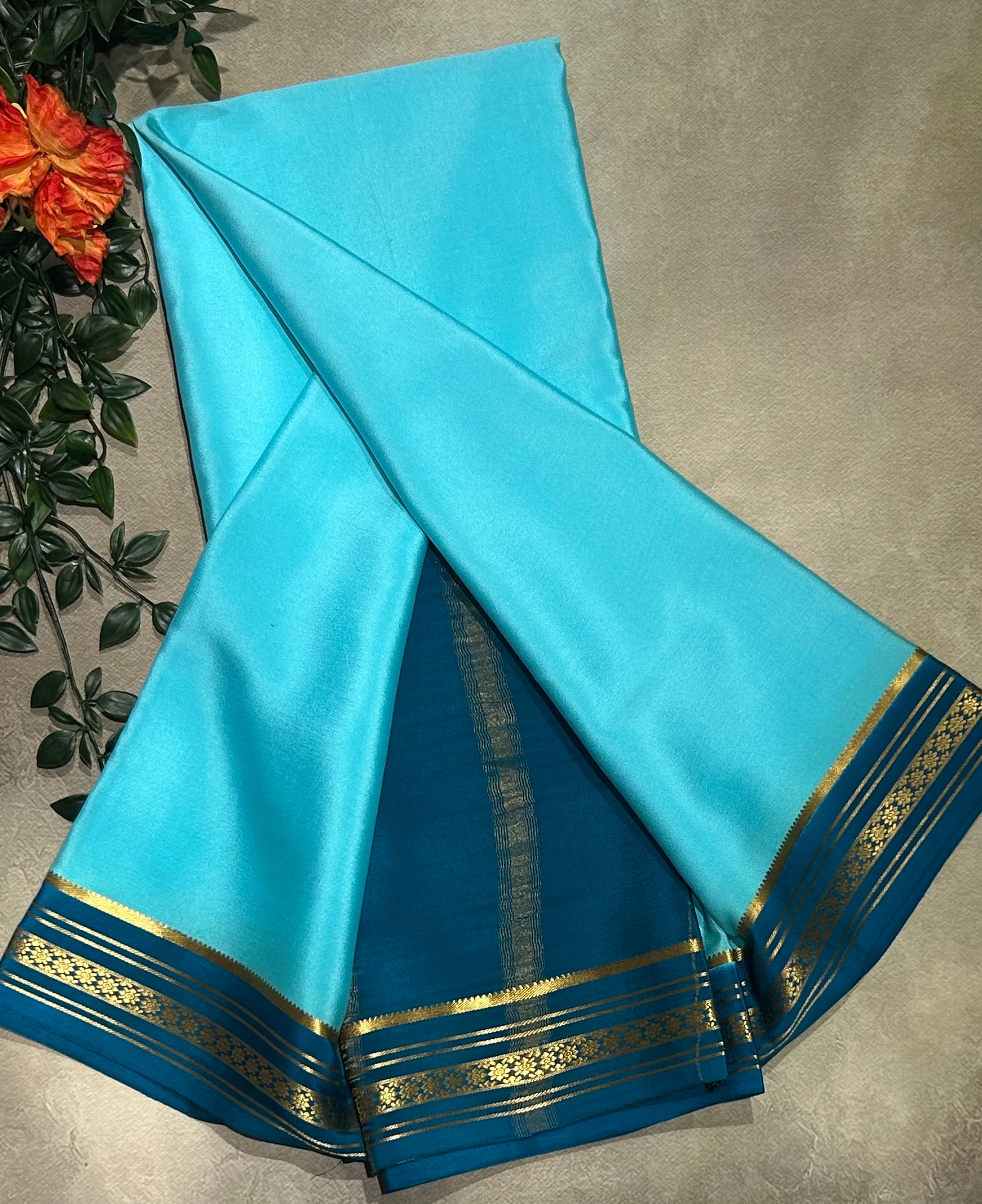 Sky blue stripes border pure Mysore silk-103 saree