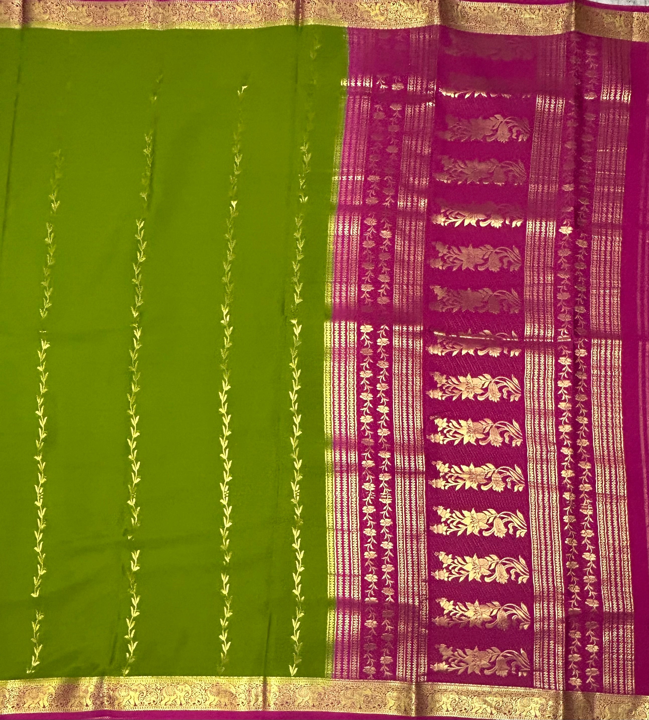 Leaf green n pink green  partly pallu Pure Mysore silk crepe 103 Saree