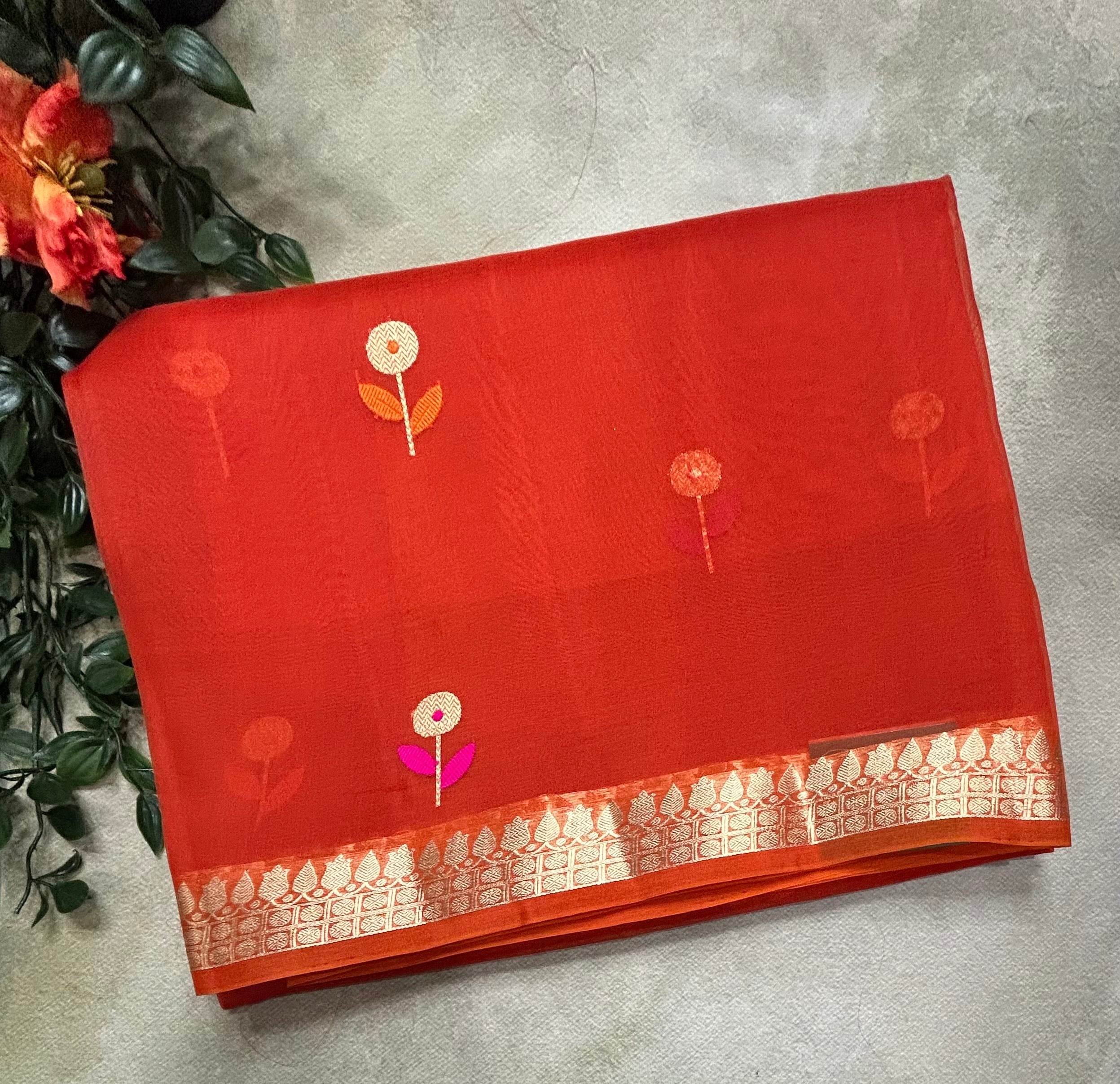 Orange pure kora 105 organza silk saree