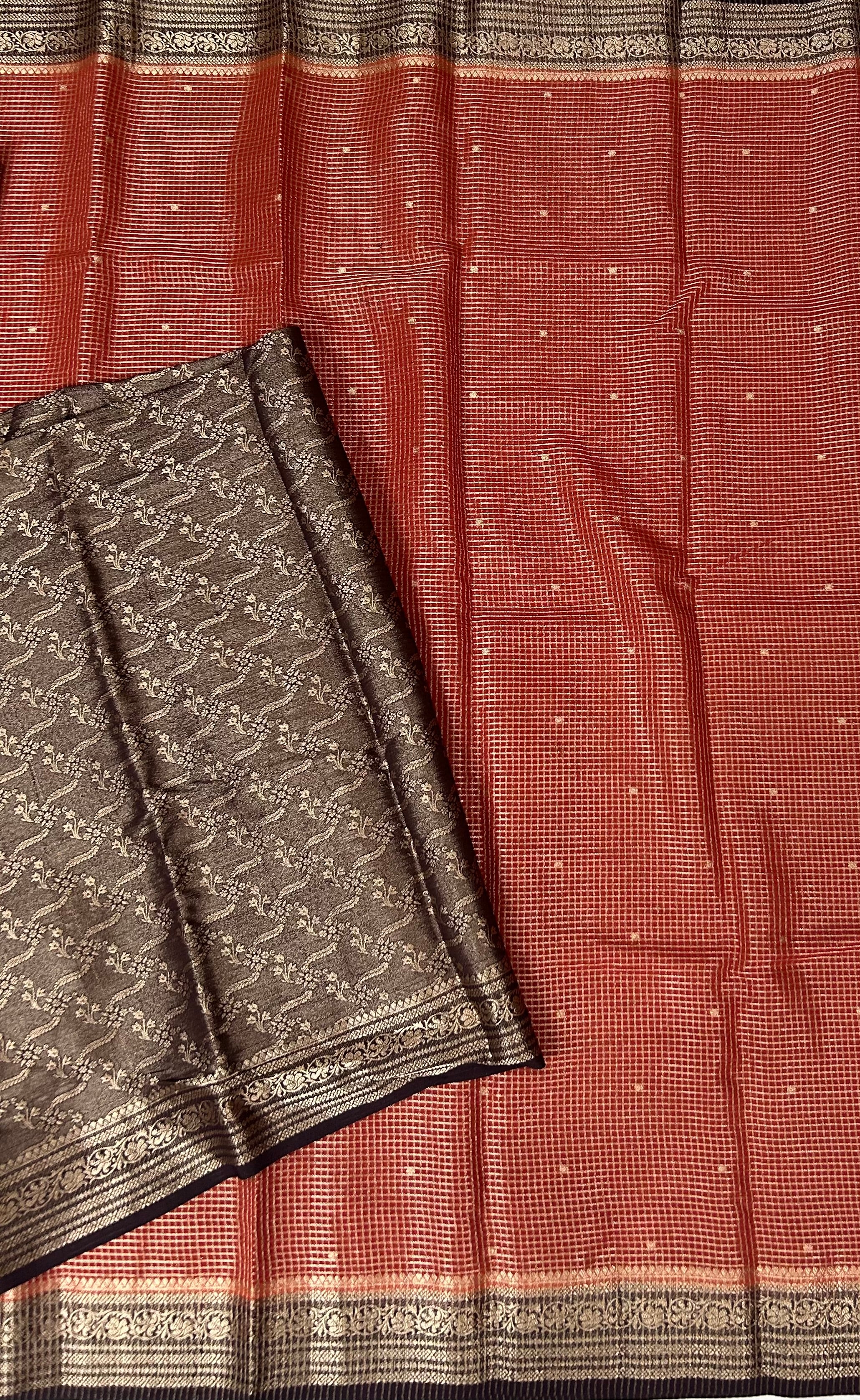 Rust orange small checks semi mysore crepe-12 saree