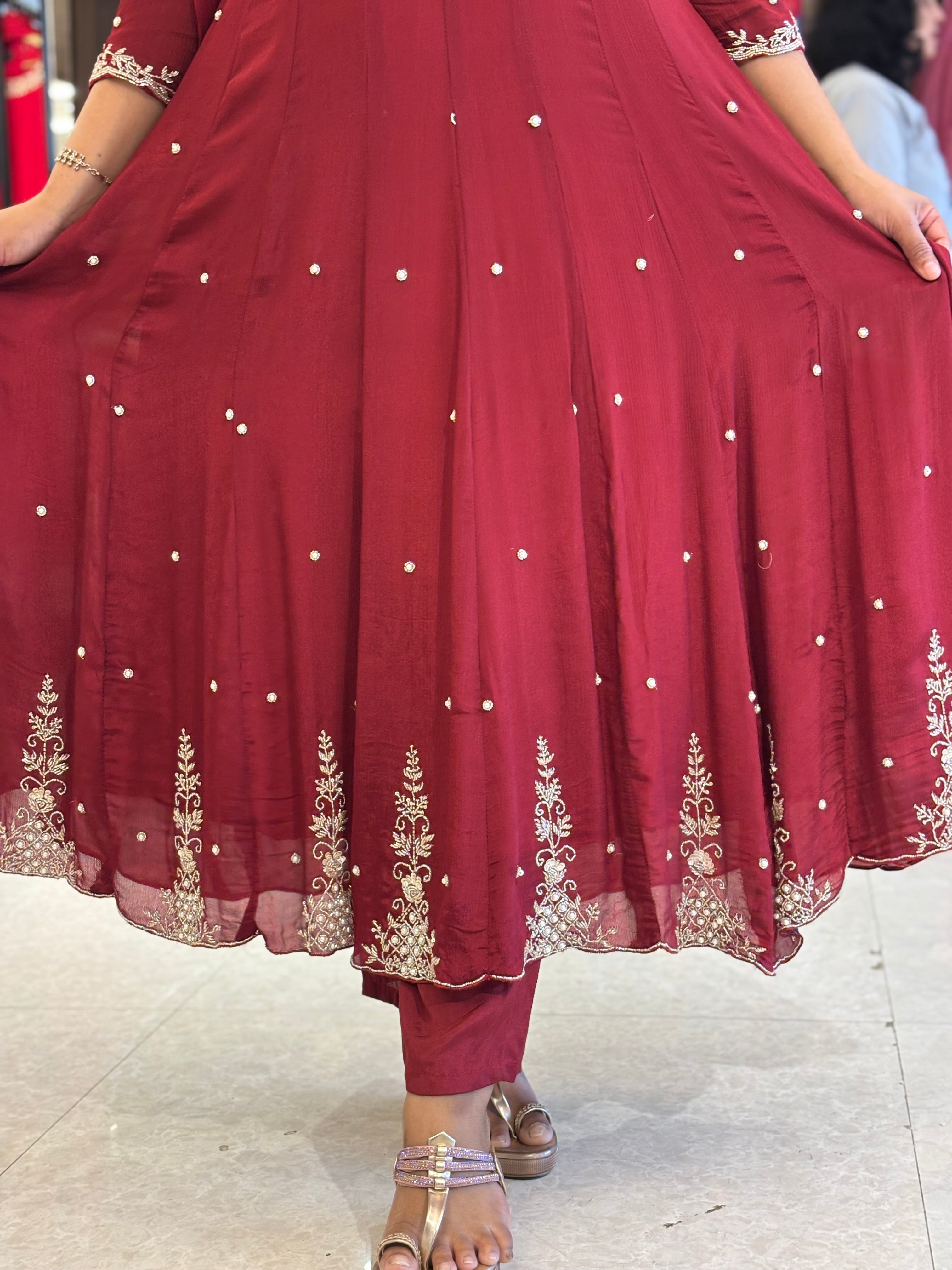 Maroon Anarkali Chinnon Hand Embroidery Kurtha 567