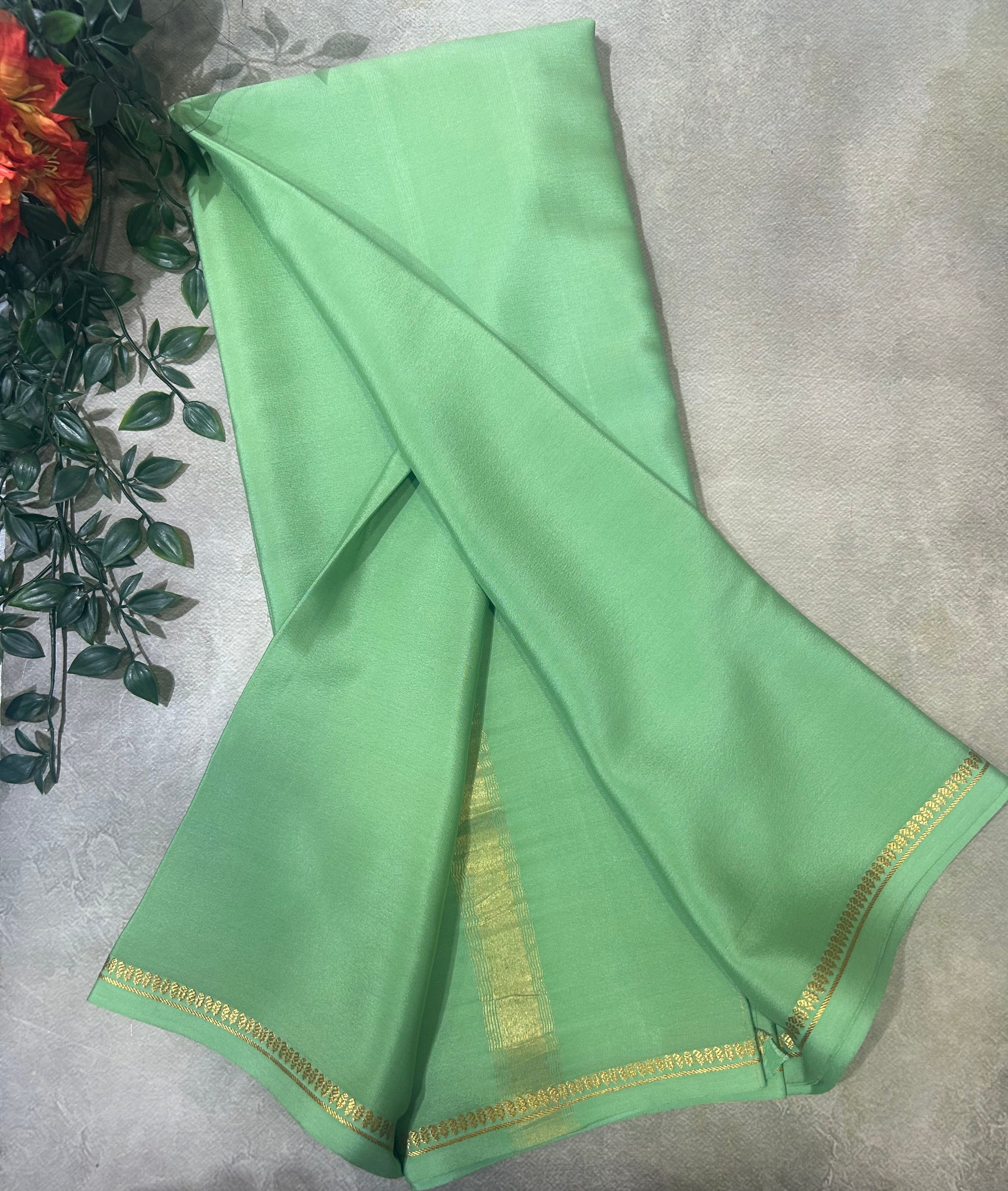 Pastel green small border pure Mysore silk 103 saree