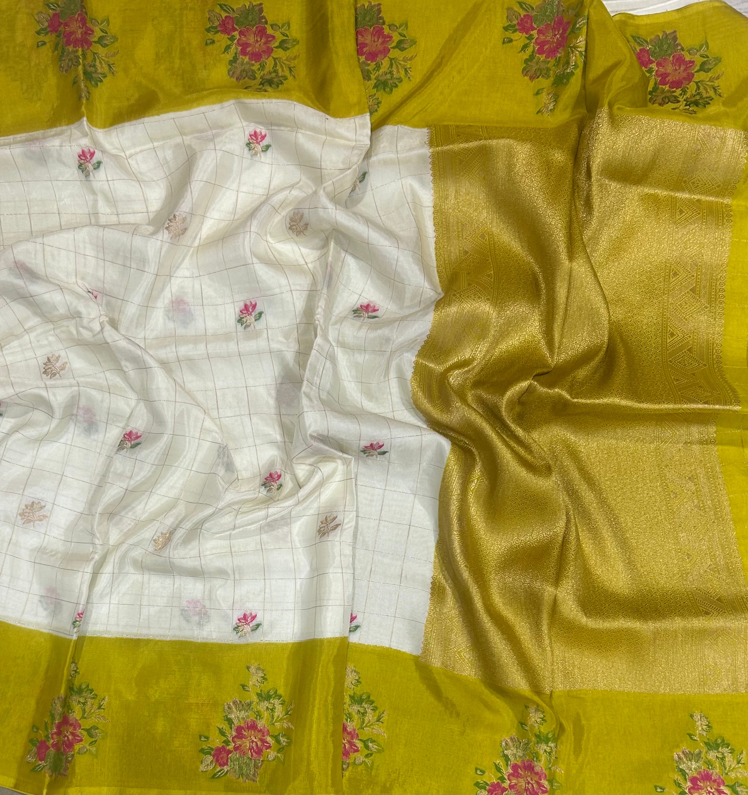 Cream n mustard yellow checks dola crepe 104 saree