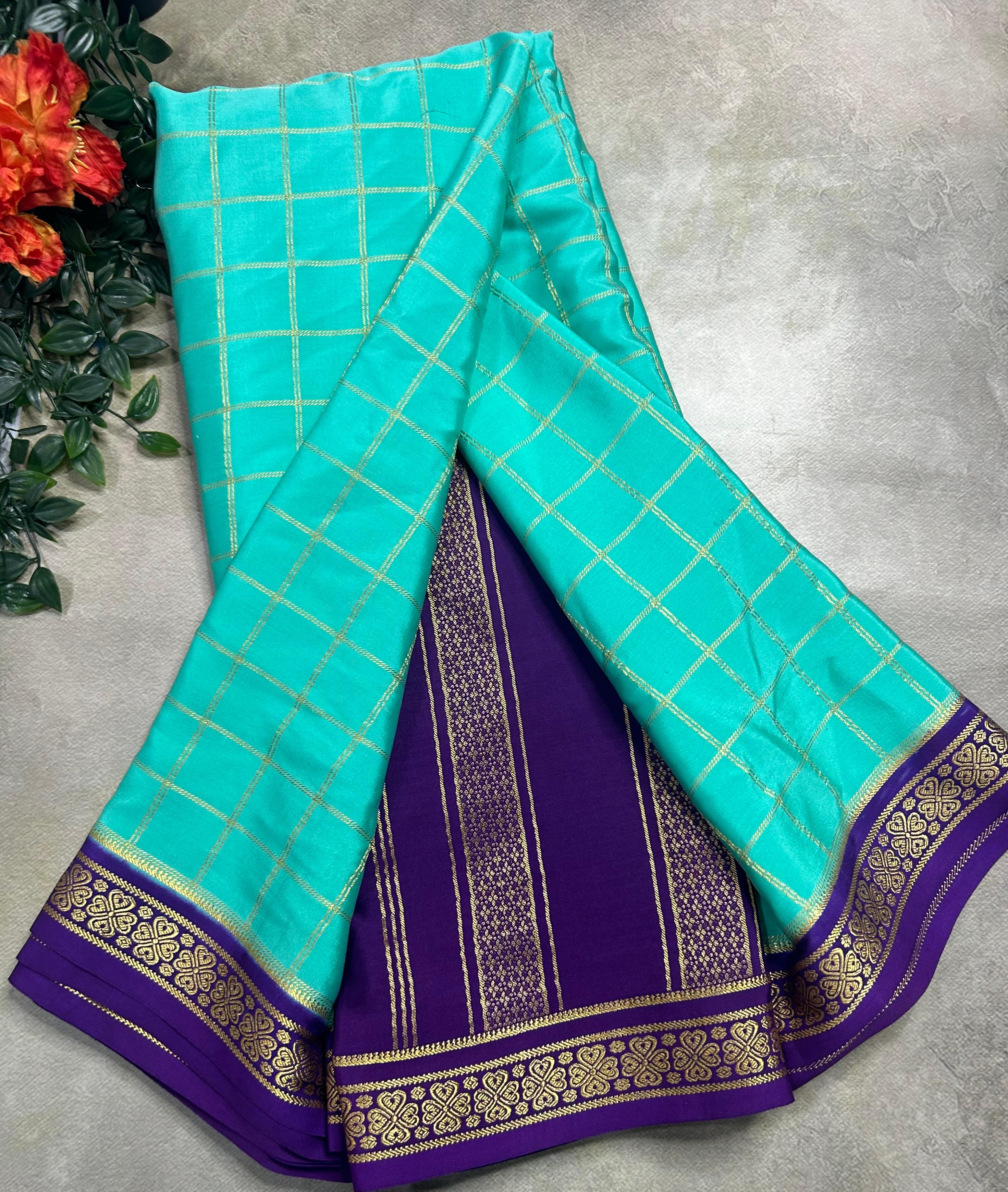 Light rama green checks pure css zari Mysore silk 105 saree