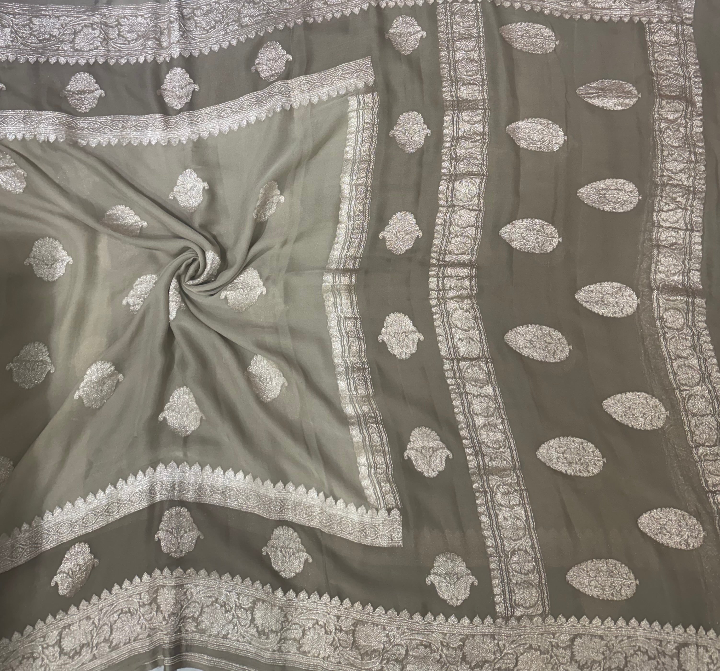 Cream n light grey benarasi double border pure chiffon saree