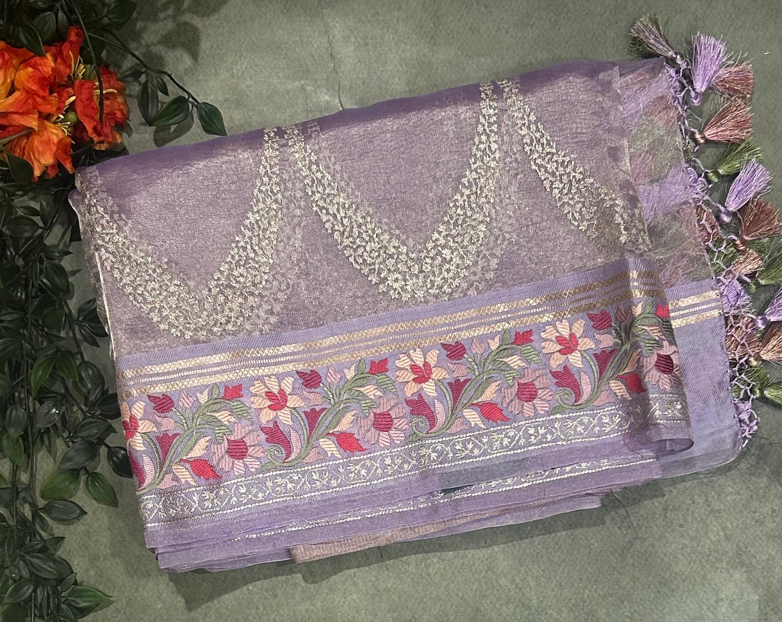 Lilac embrodiery pure organza tissue 103 saree
