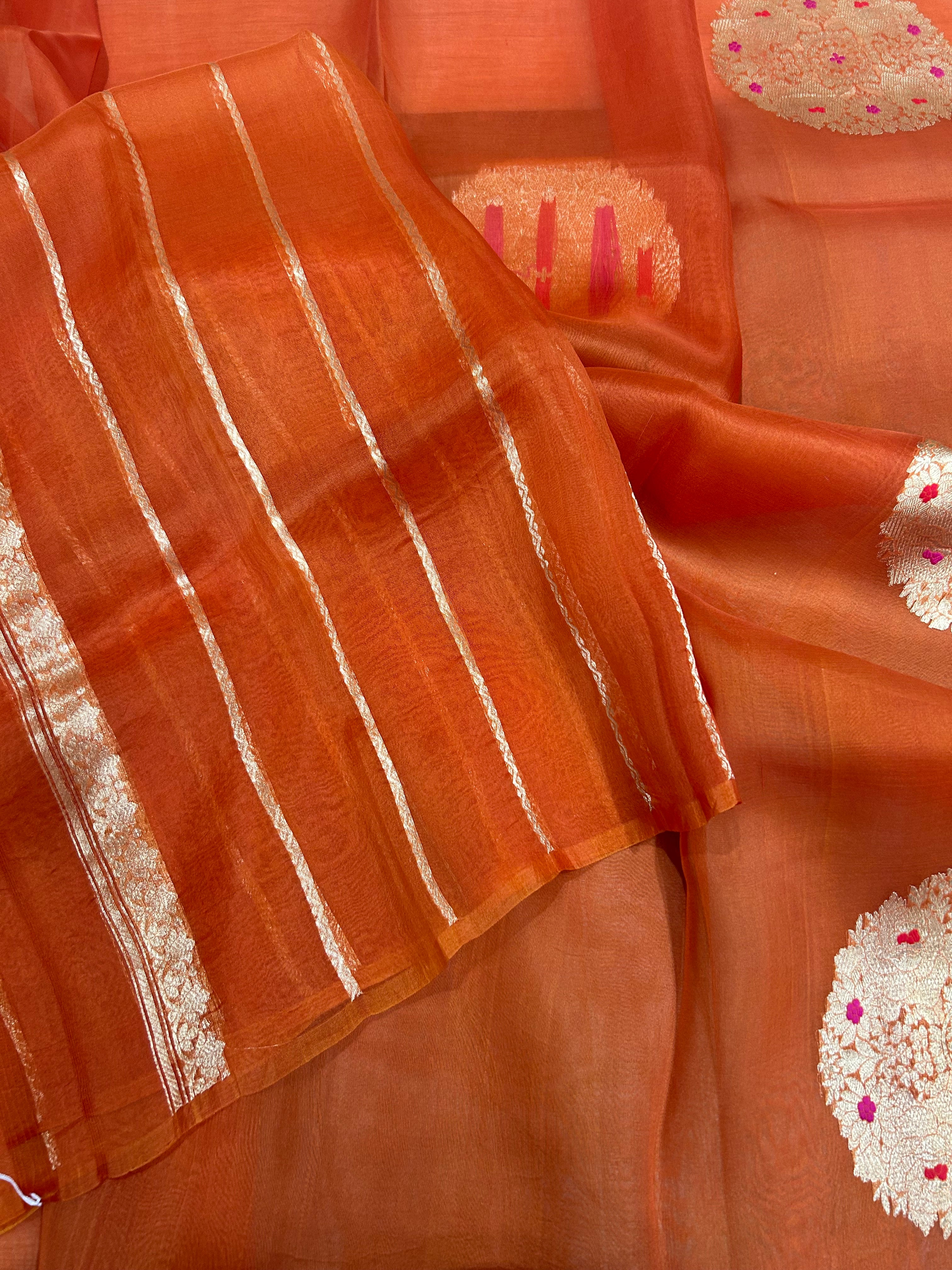 Orange pure kora 105 organza silk saree