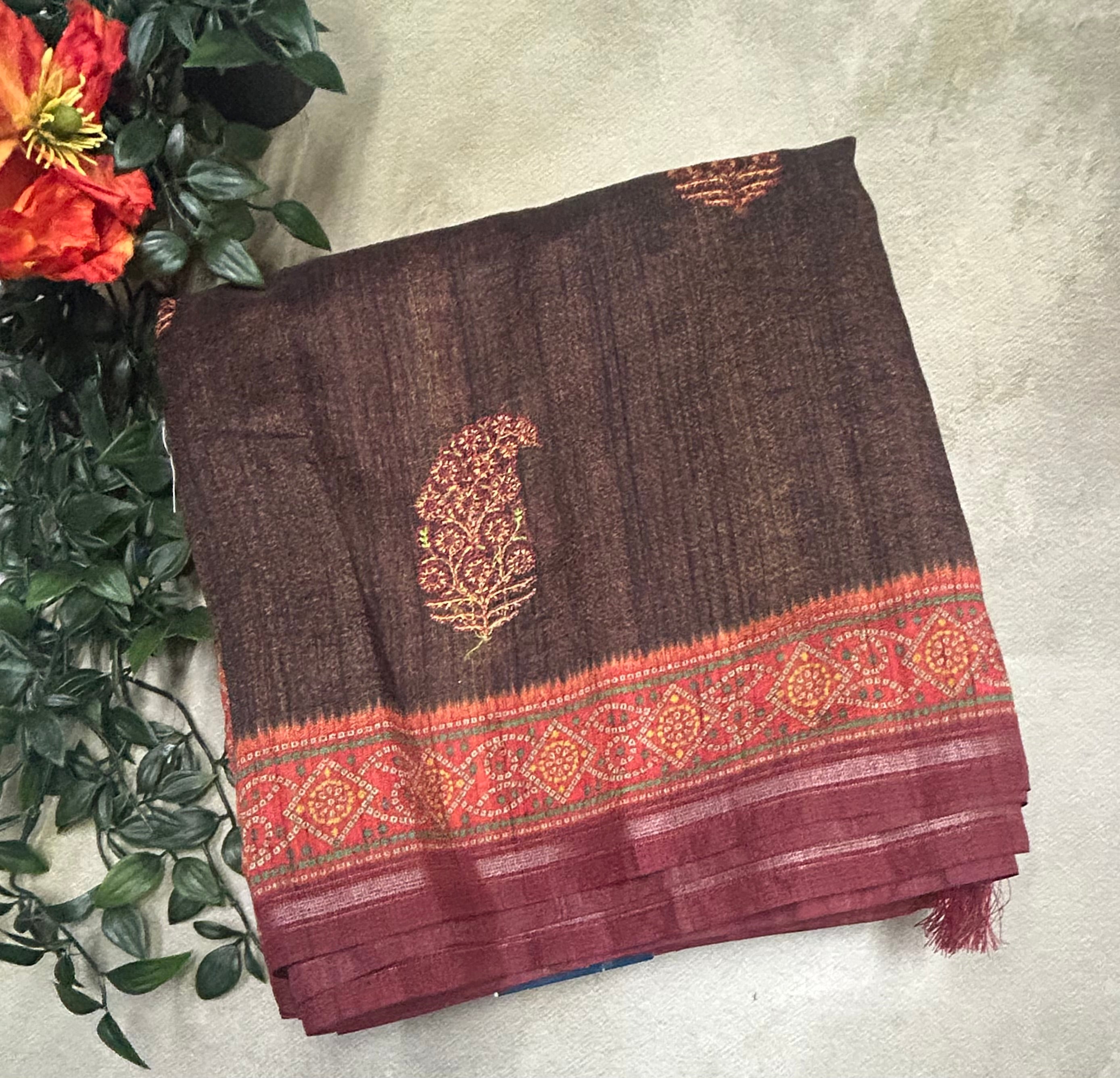 Dark olive green small border semi silk saree