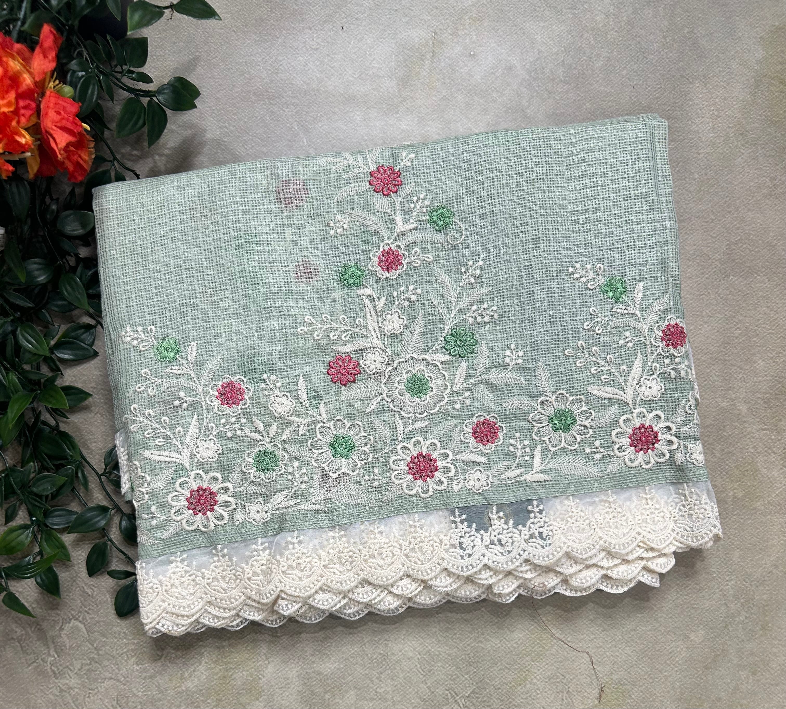 Aqua green embroidery Kota checks 104 saree