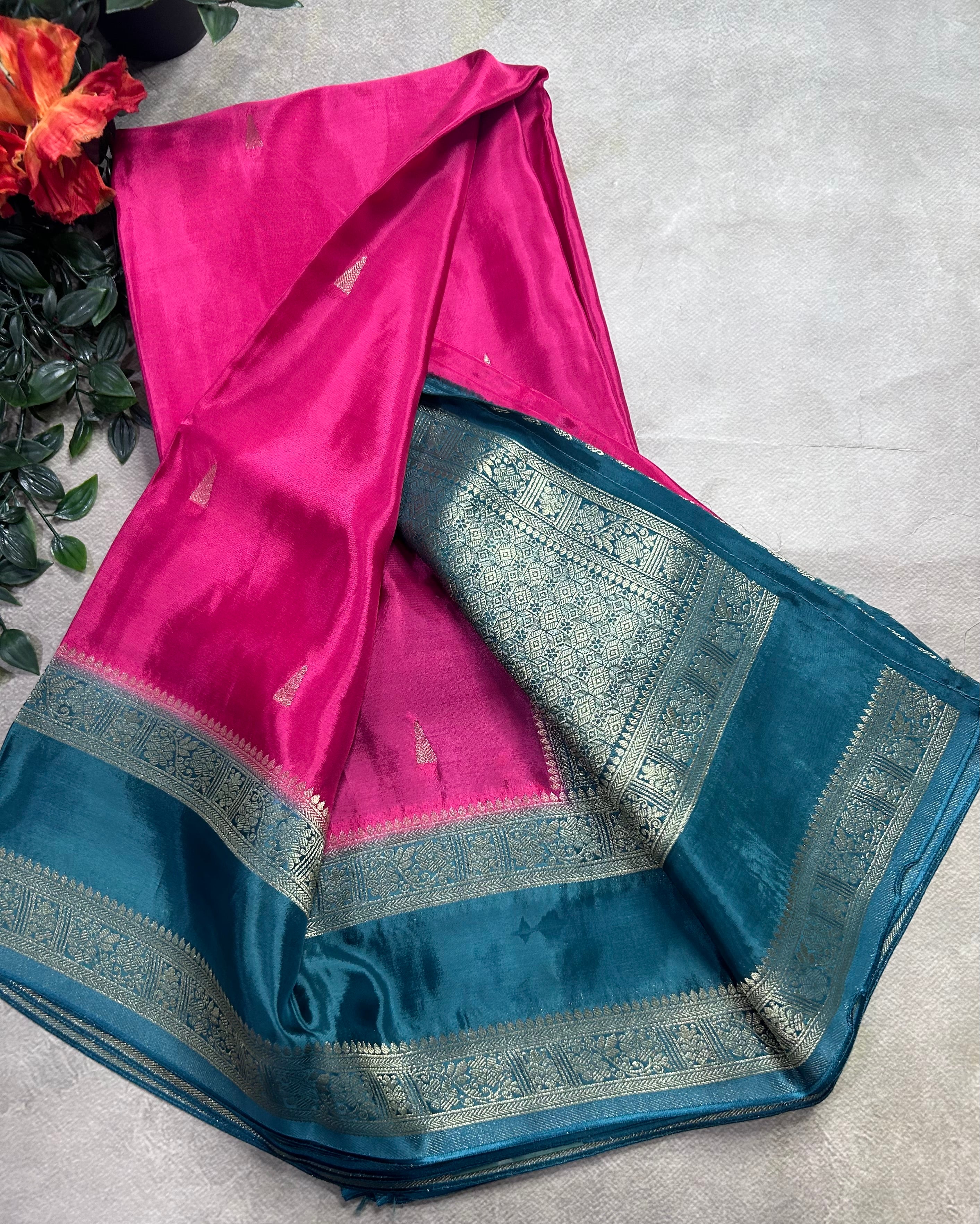 Rani pink contrast bentex border semi Mysore crepe 106 saree