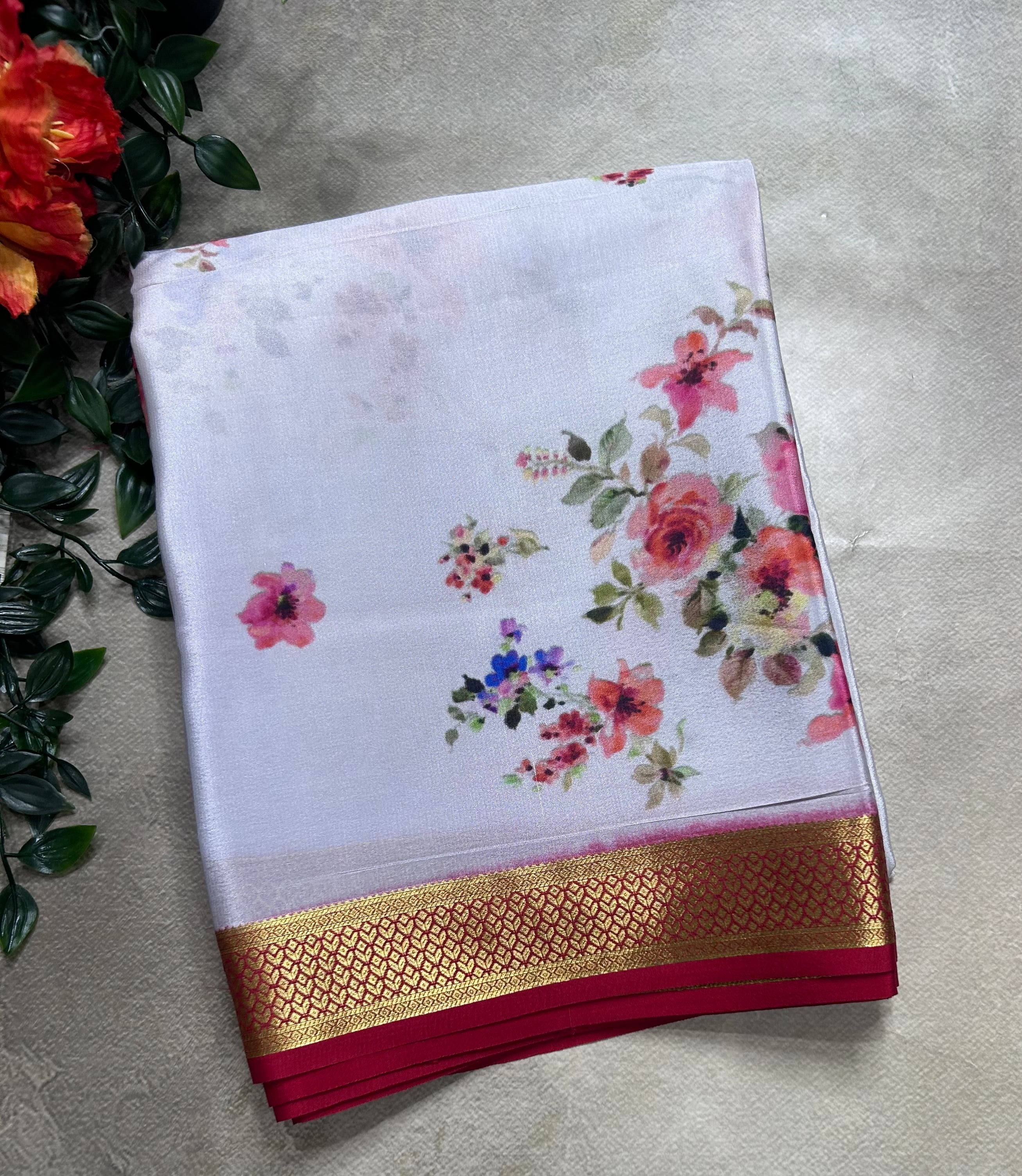 Light grey digital print pure mysore silk saree(DMS106)