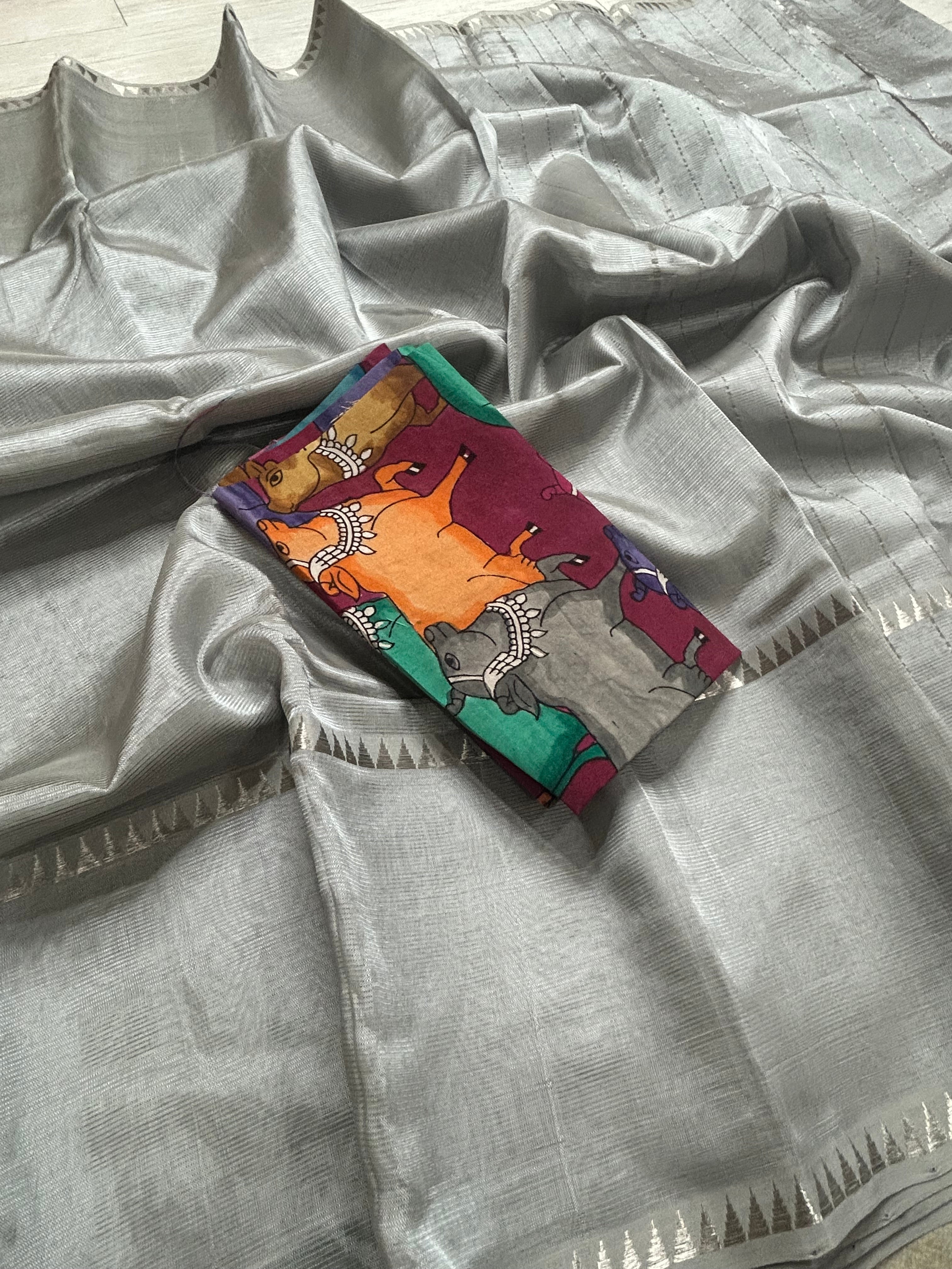 Grey Bentex border pure mangalagiri 105 saree