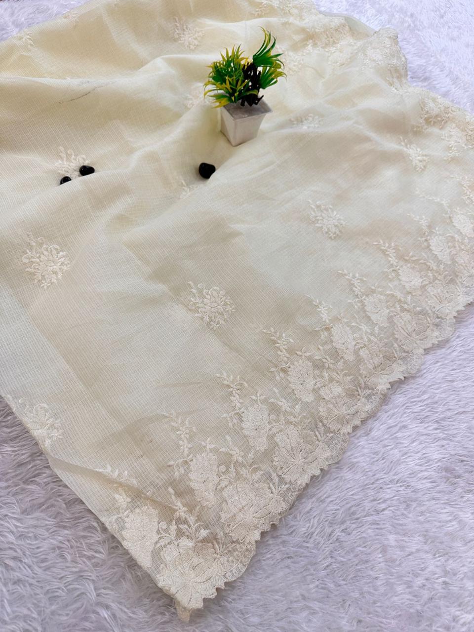 Cream embroidered kota checks party wear saree