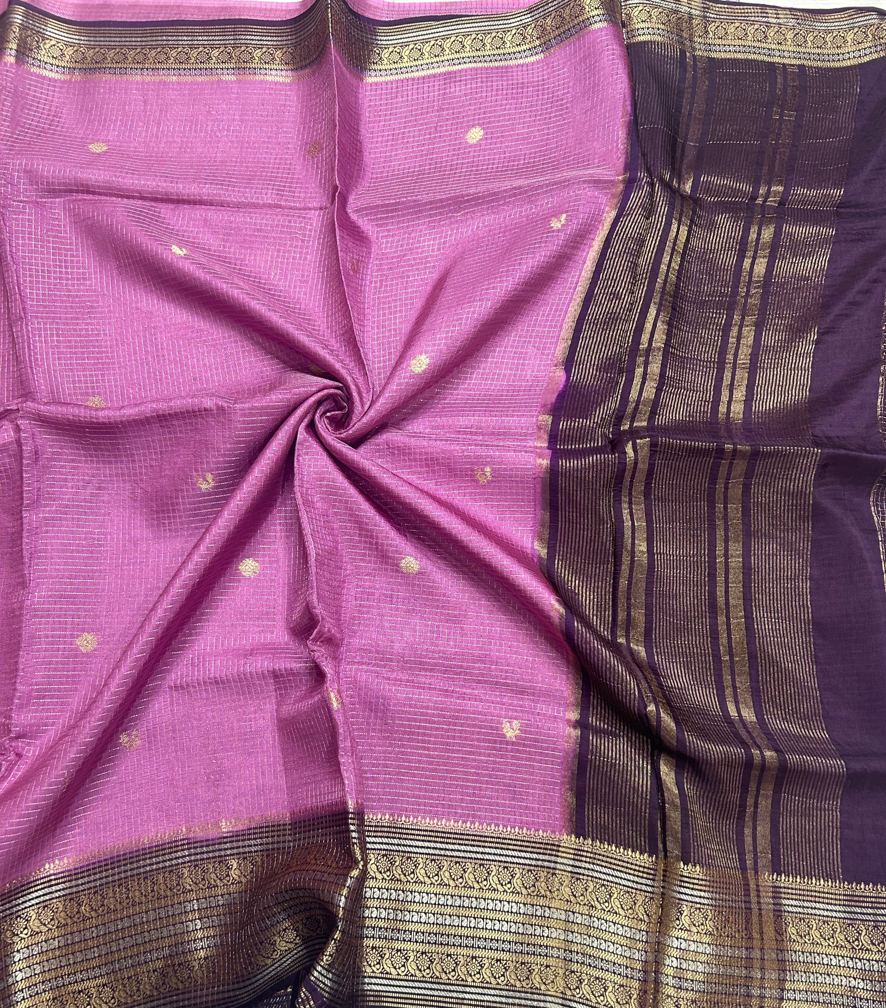 Light purple small checks contrast semi Mysore crepe 105 saree