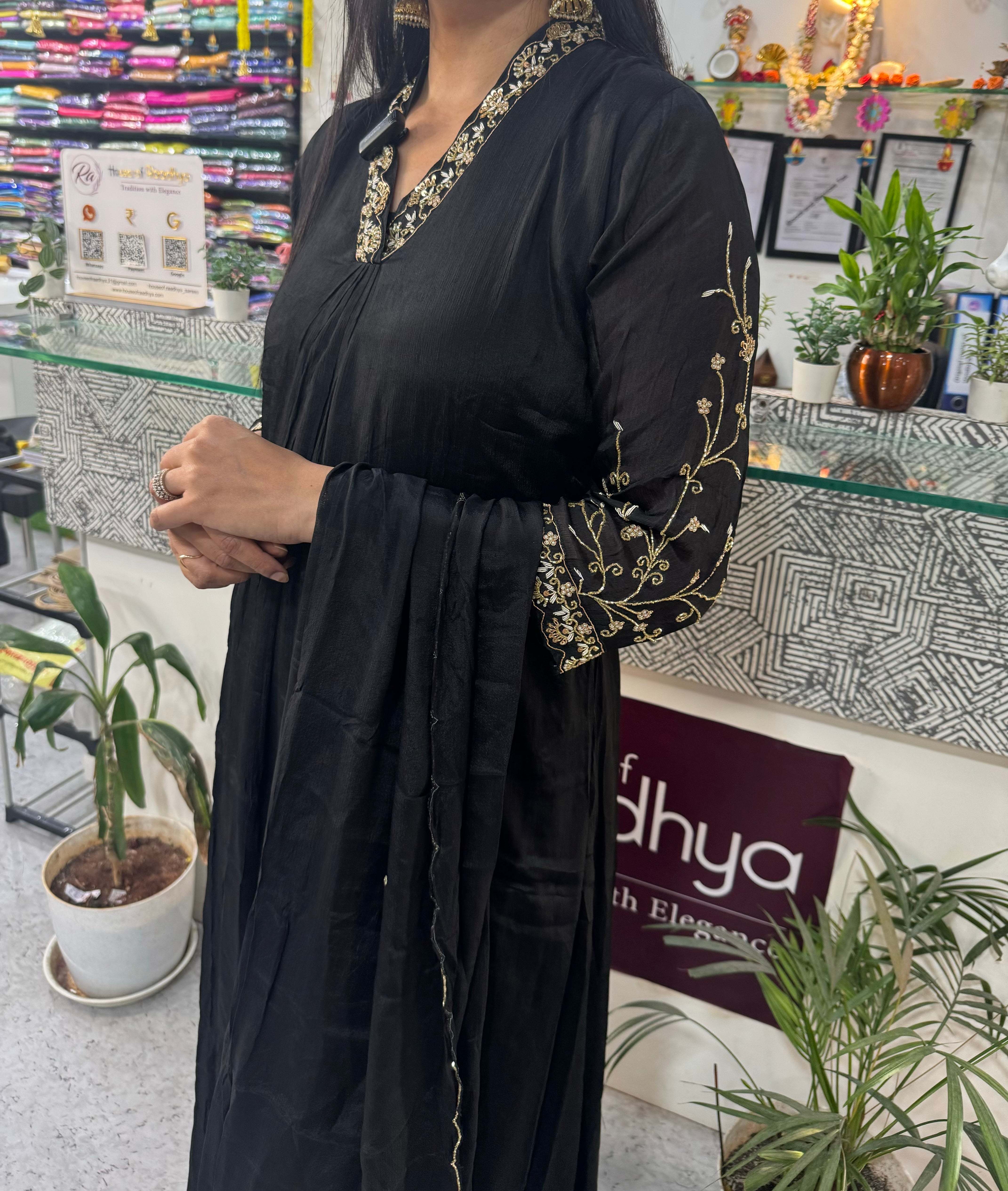 Black chinnon 11 Airline  handwork Kurtha