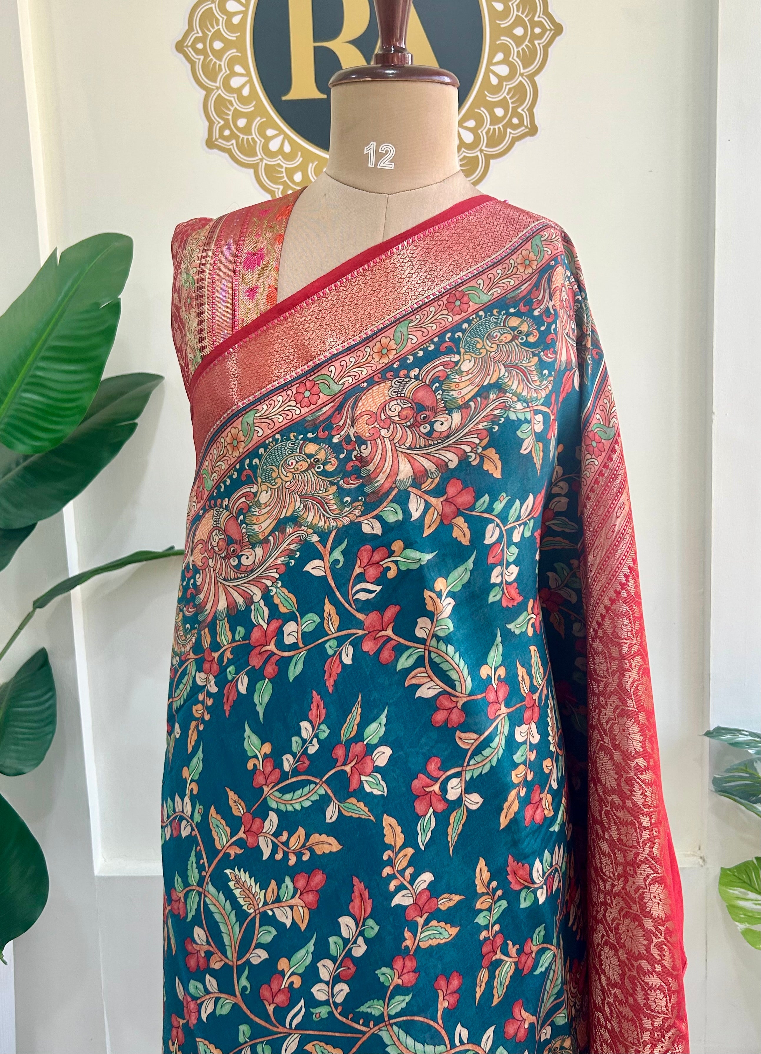 Peacock blue n red  bb kalamkari Chanderi saree