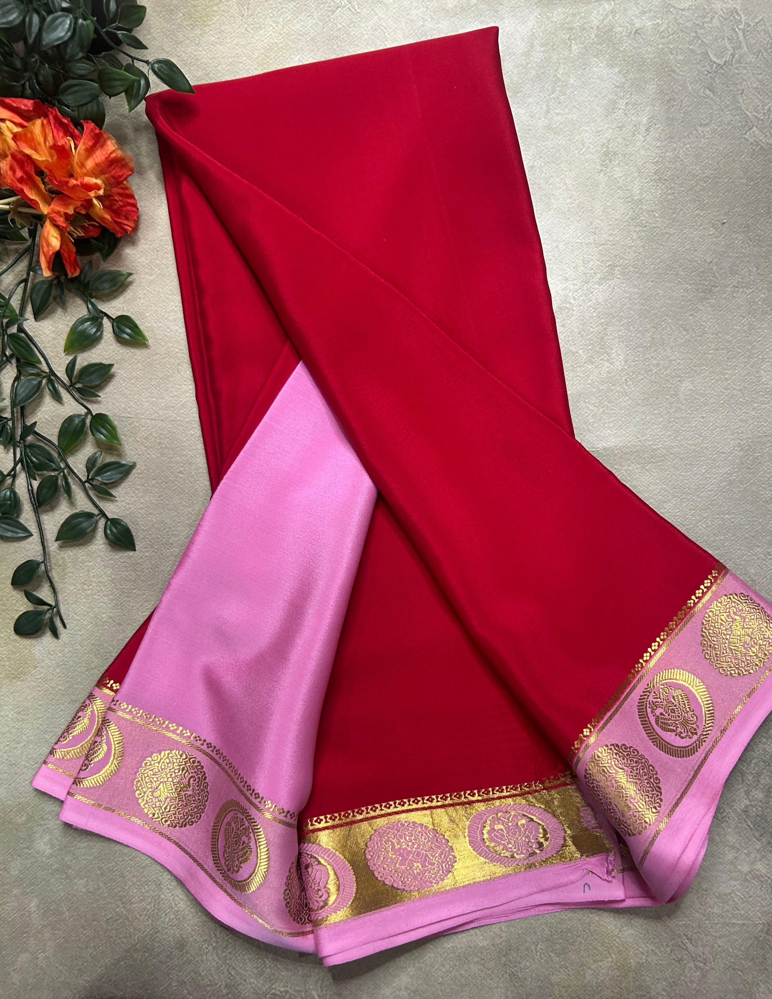 Red n pastel pink pure Mysore silk 104 saree