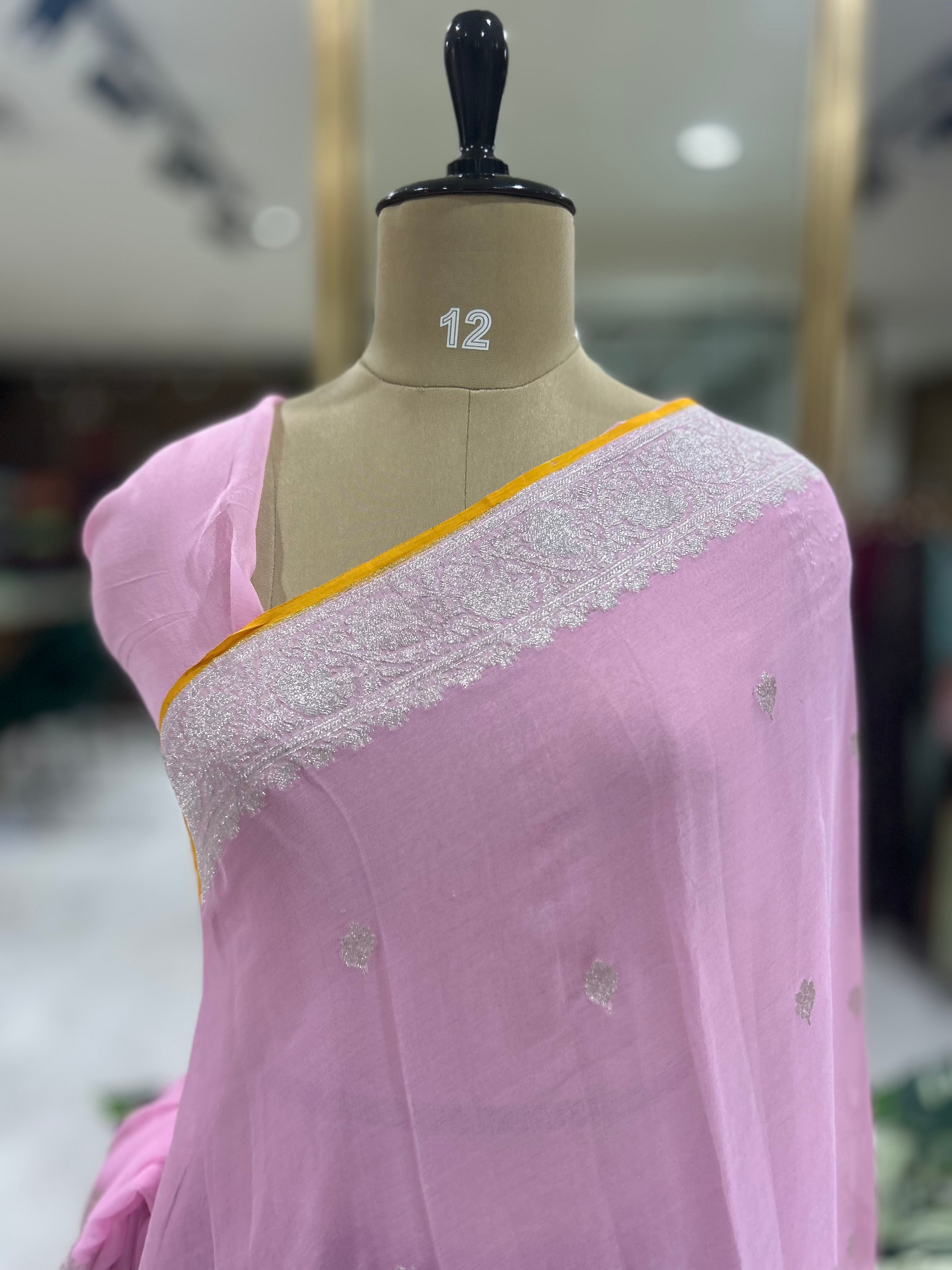 Baby pink n yellow benaras pure khadi chiffon saree