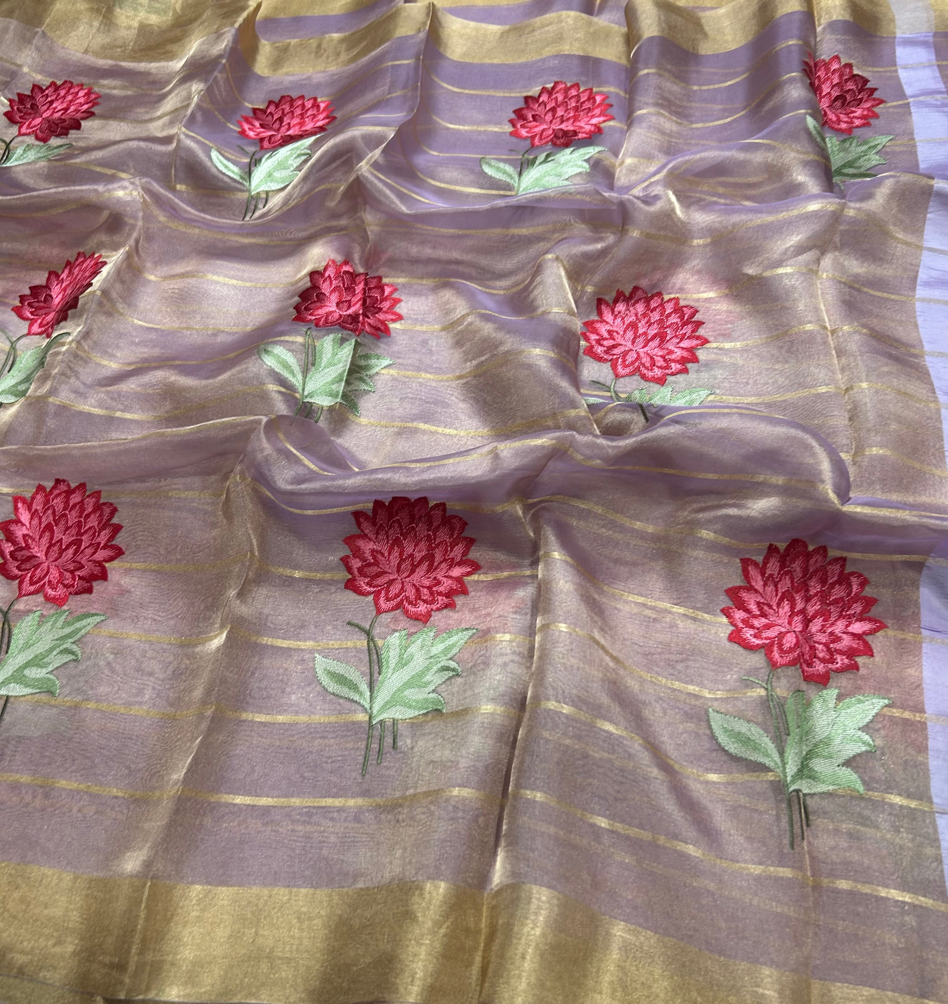 Lilac floral embroidery work pure tissue organza 105 saree