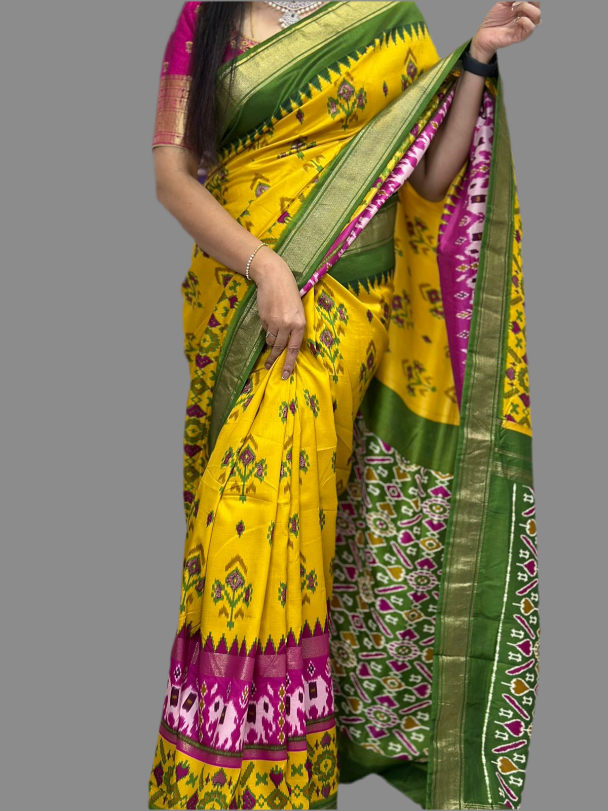 Yellow patola print semi tussar silk saree