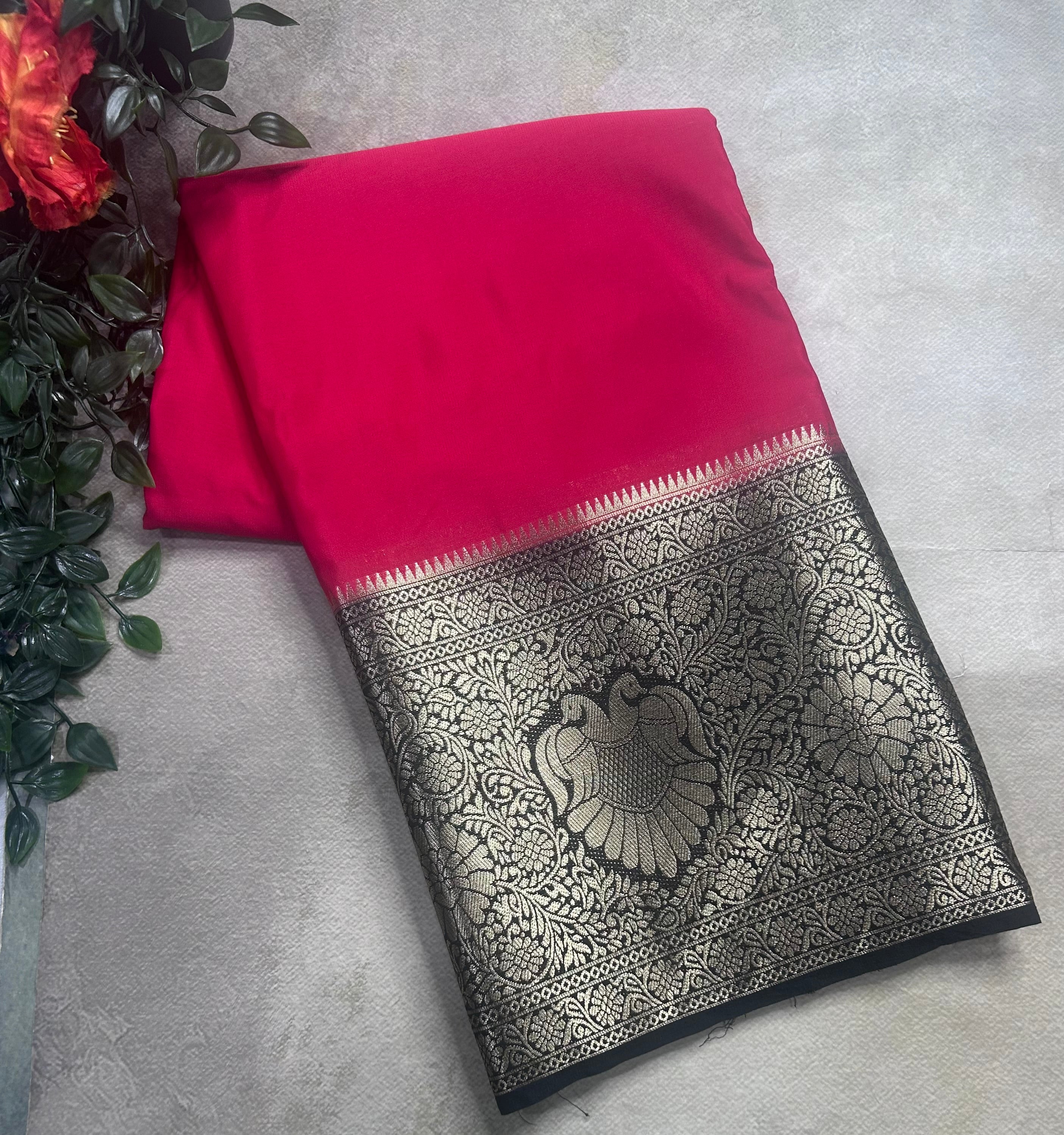 Red contrast long border soft semi Mysore crepe 106 saree