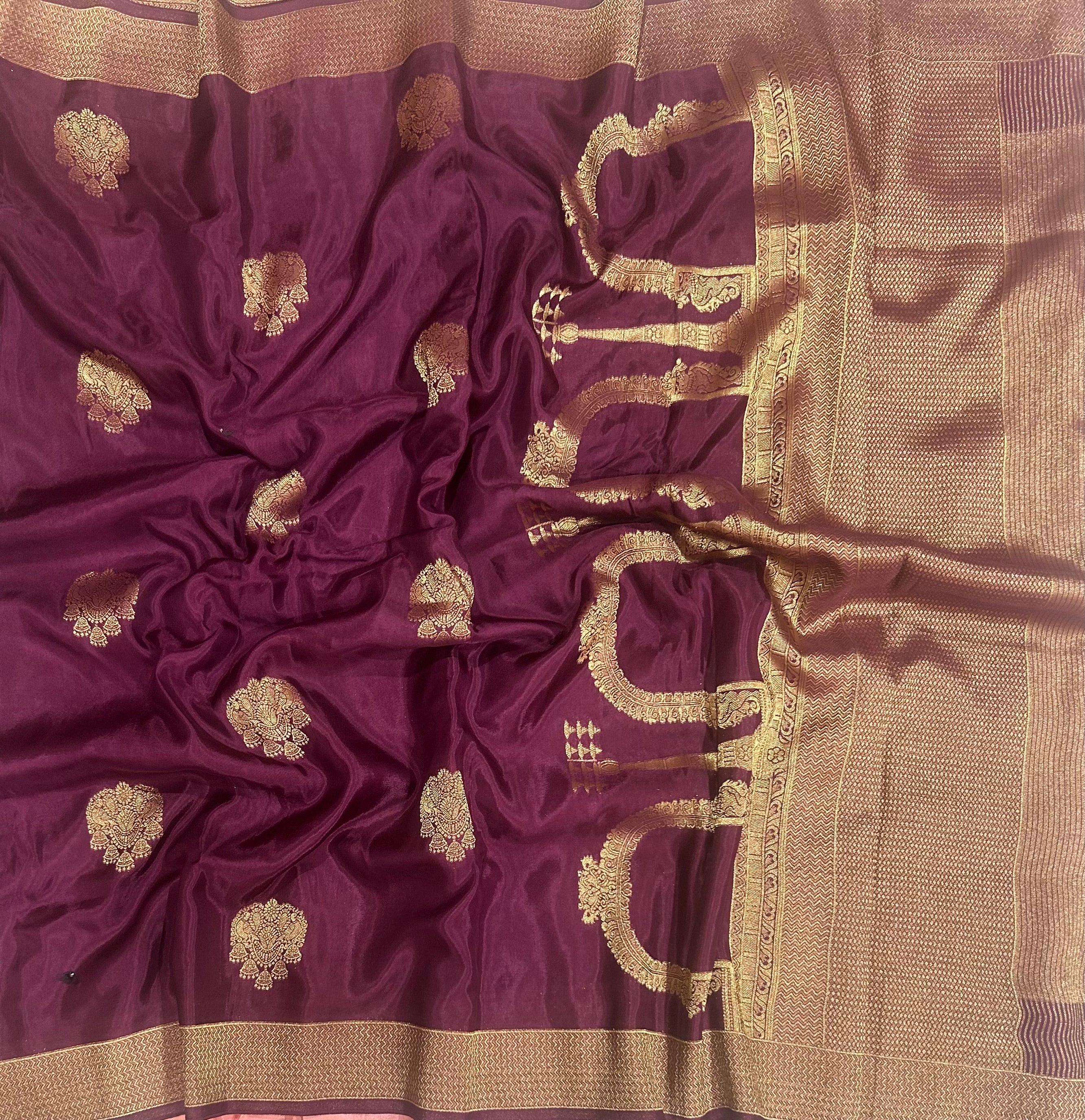 Wine big Butta contrast semi Mysore crepe 105 saree