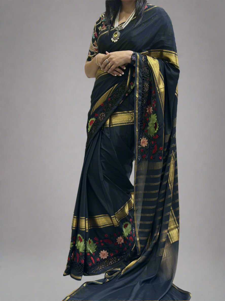 Black cut work semi mysore silk saree(RR)