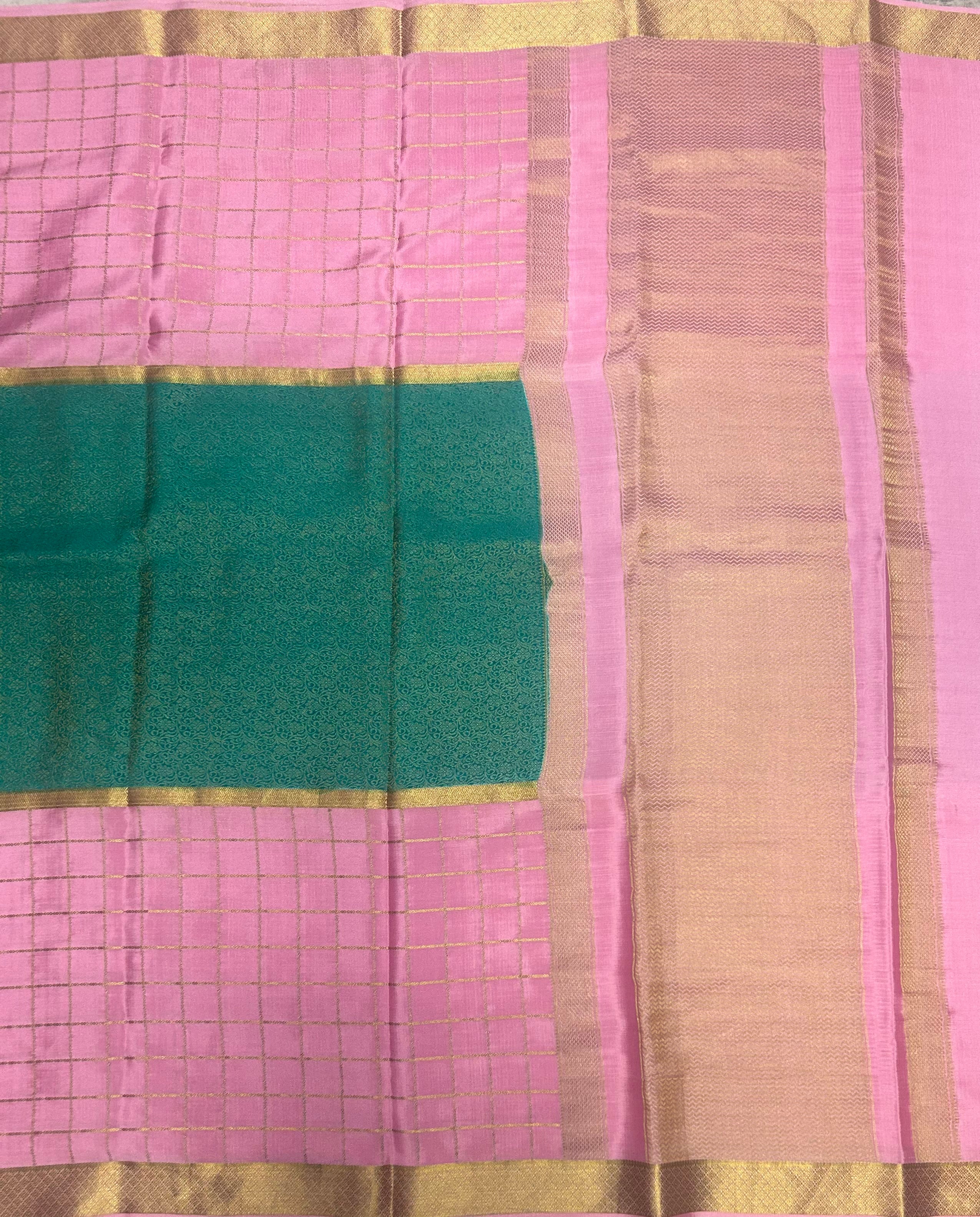 Pastel pink n Rama green pure Mysore crepe silk 103 saree