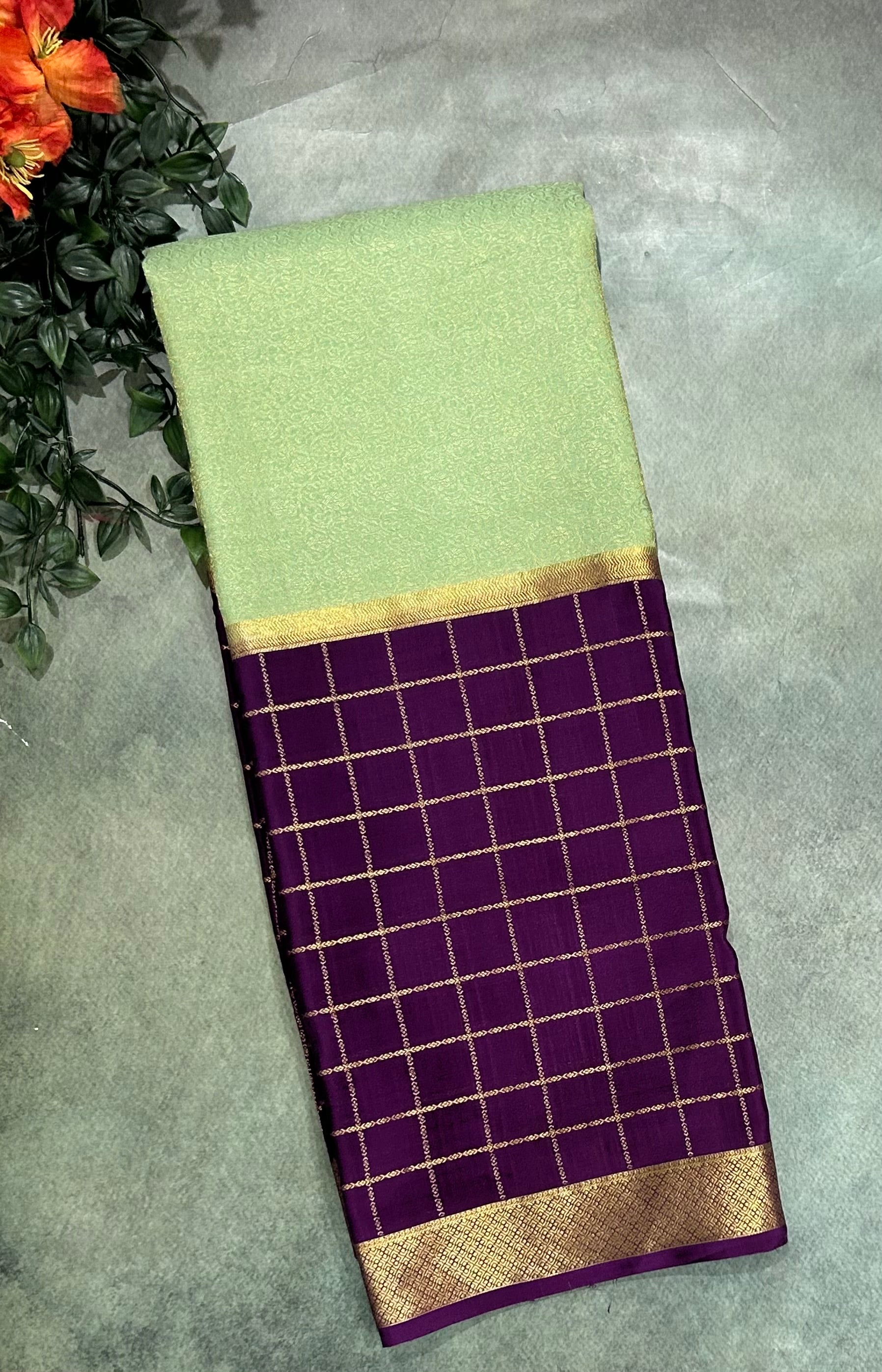 Purple n pista green pure Mysore crepe silk 103 saree