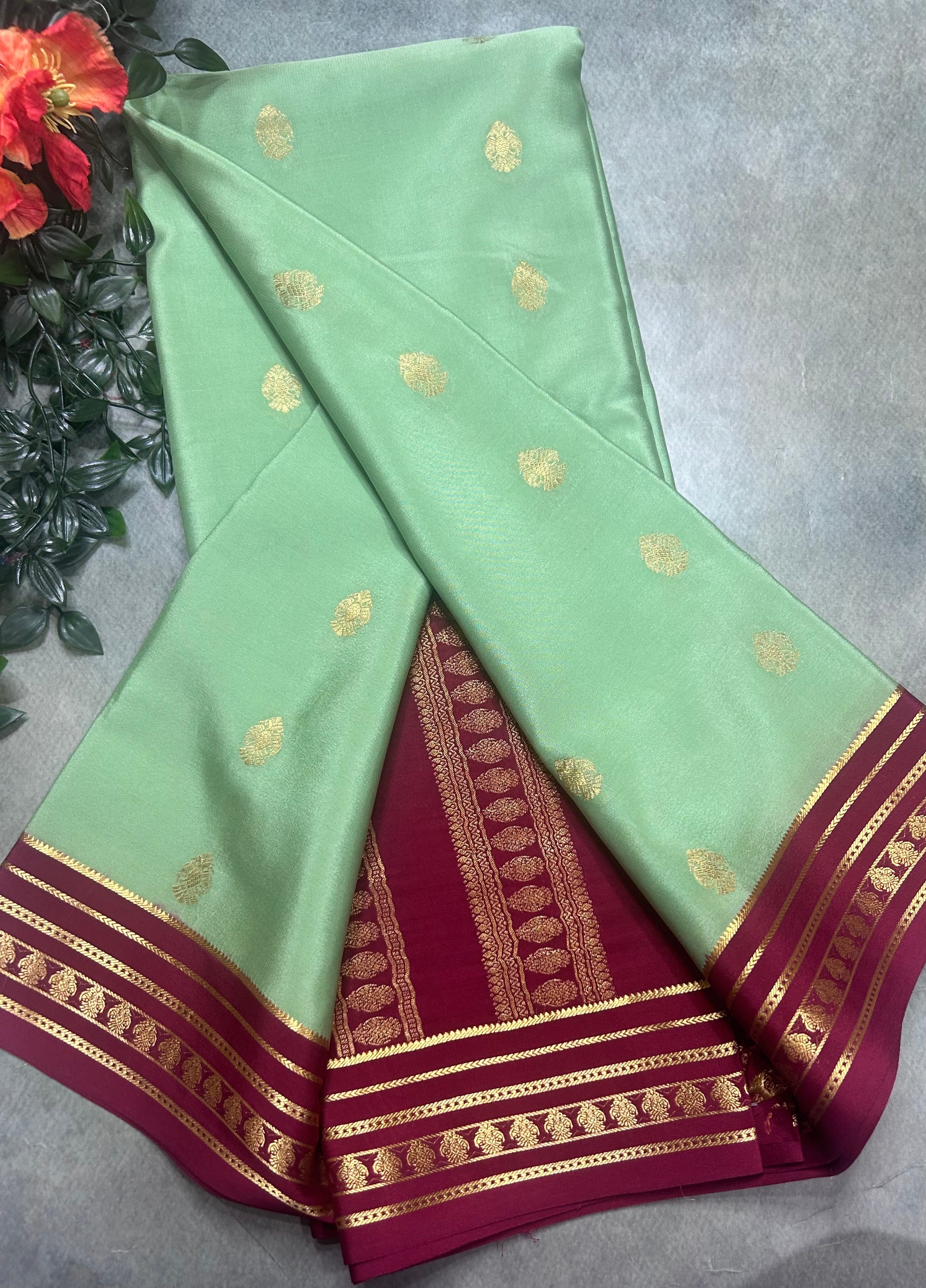 Pista green stripes border pure Mysore silk 106 saree